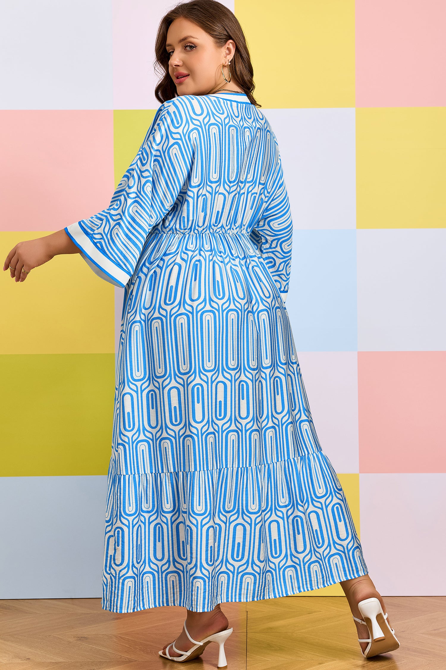 Sky Blue Plus Size Geometric Print Contrast Trim V Neck Bracelet Sleeve Long Dress-Bracelet-[Adult]-[Female]-2022 Online Blue Zone Planet