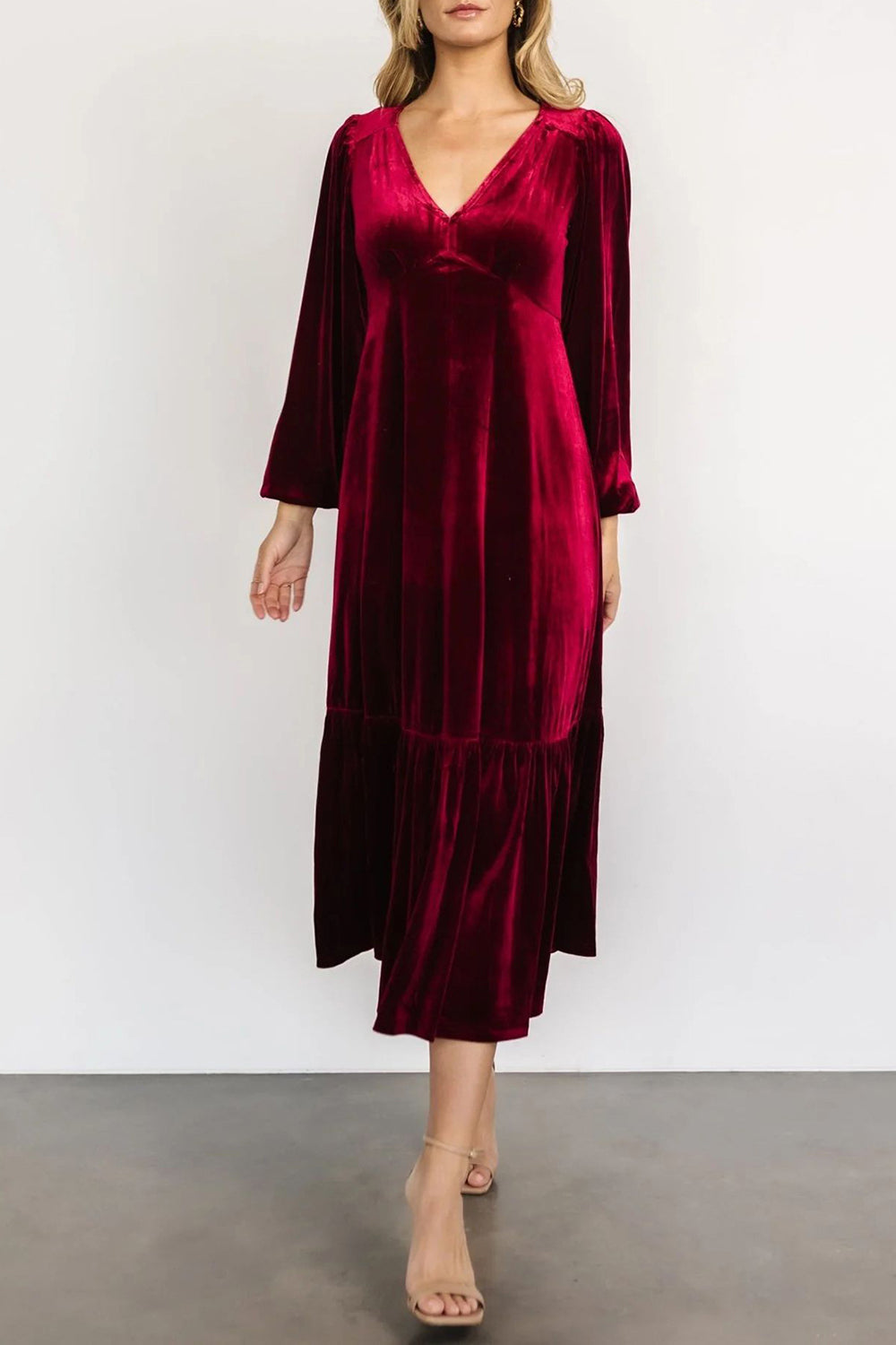 V-Neck Long Sleeve Midi Velvet Dress-TOPS / DRESSES-[Adult]-[Female]-2022 Online Blue Zone Planet