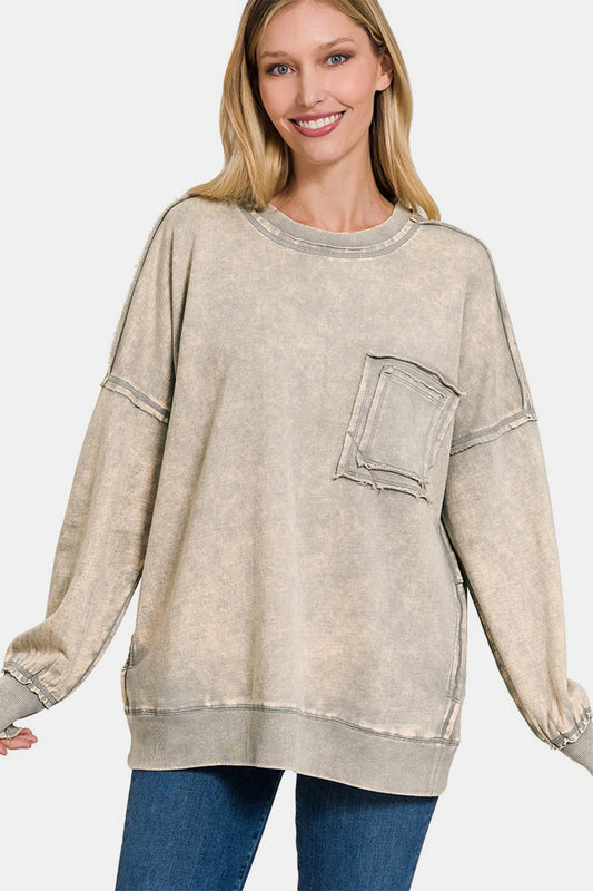 Blue Zone Planet | Zenana Exposed Seam Round Neck Dropped Shoulder Sweatshirt-TOPS / DRESSES-[Adult]-[Female]-Sleet-S-2022 Online Blue Zone Planet