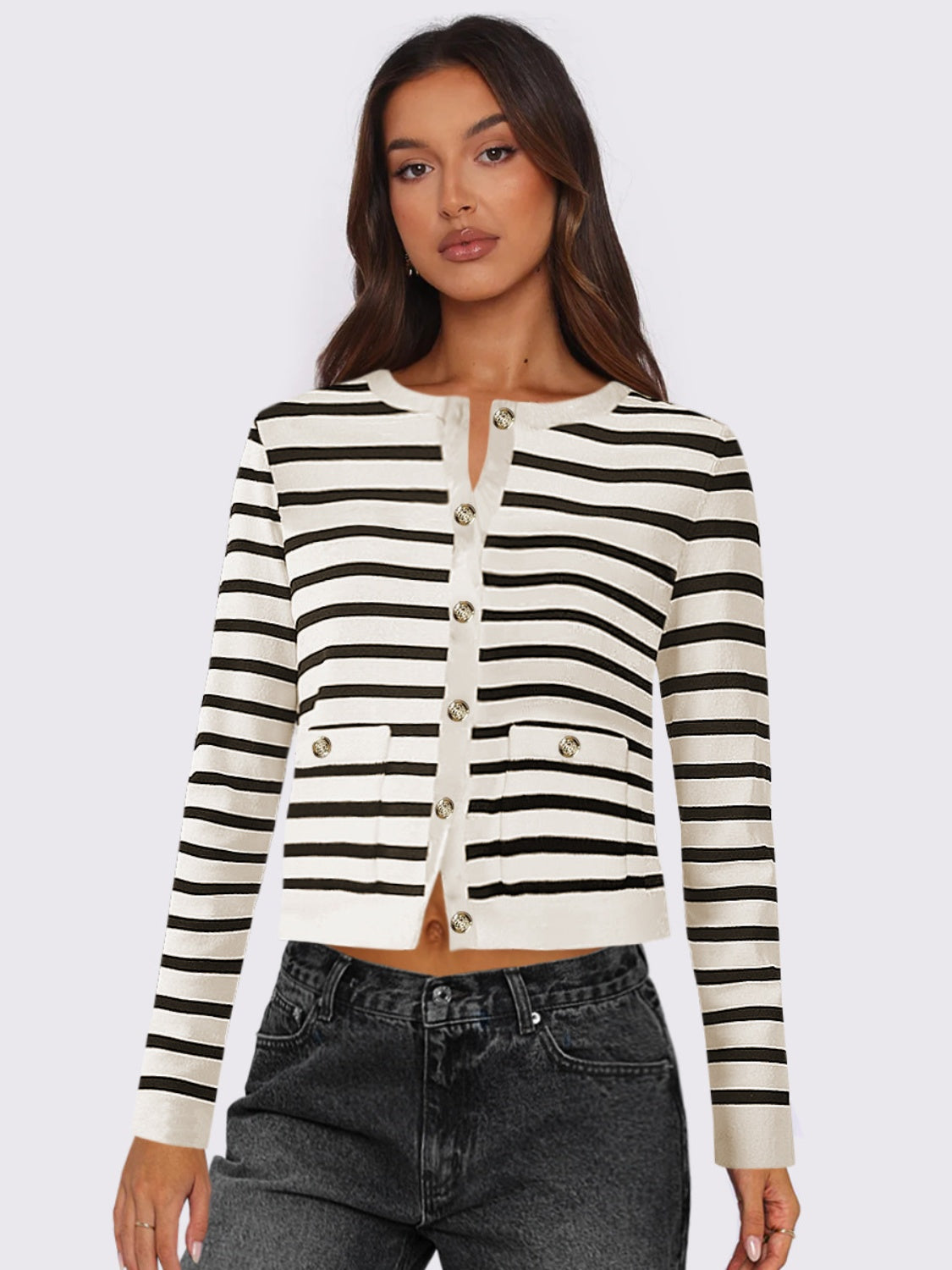 Striped Round Neck Button Up Long Sleeve Cardigan-NEW ARRIVALS-[Adult]-[Female]-White-S-2022 Online Blue Zone Planet