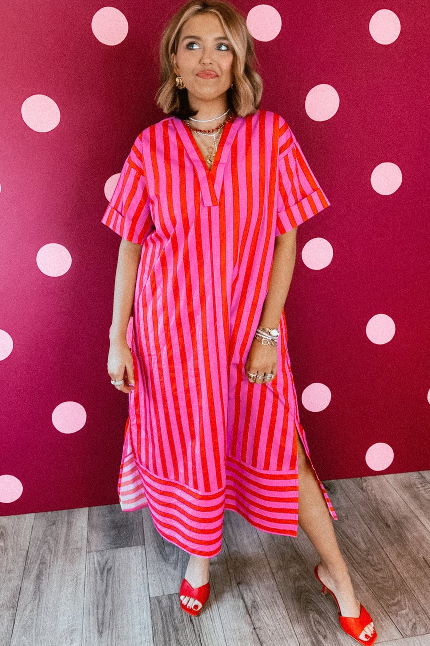 Red Stripe V Neck Cuffed Sleeve Relaxed Split Midi Dress-Dresses/Midi Dresses-[Adult]-[Female]-2022 Online Blue Zone Planet