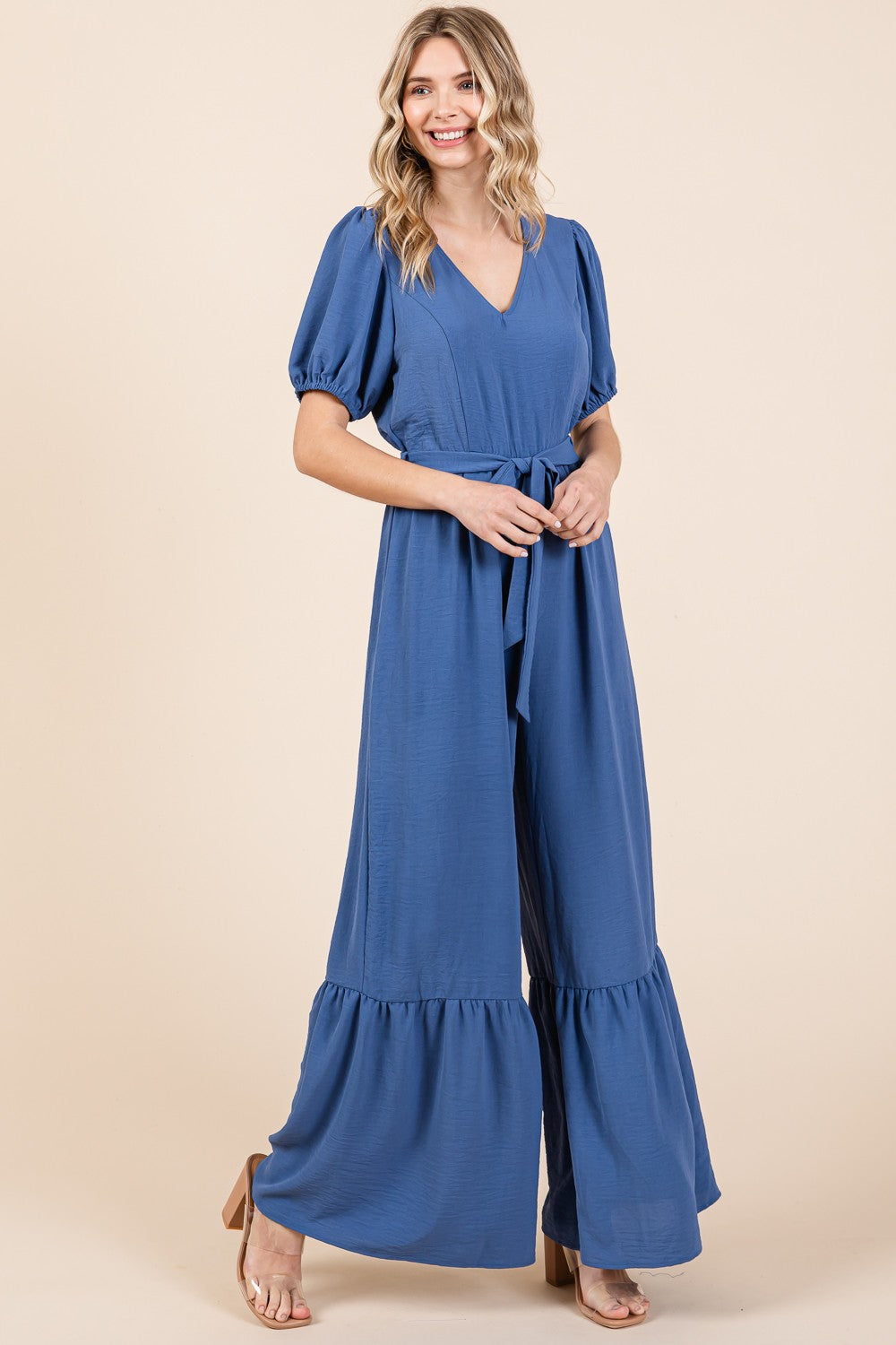 GeeGee Full Size V-Neck Belted Wide Leg Jumpsuit-TOPS / DRESSES-[Adult]-[Female]-2022 Online Blue Zone Planet