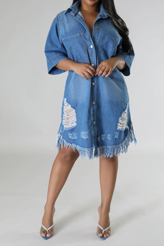 Blue Zone Planet | Distressed Raw Hem Button Up Denim Dress-TOPS / DRESSES-[Adult]-[Female]-Light-S-2022 Online Blue Zone Planet