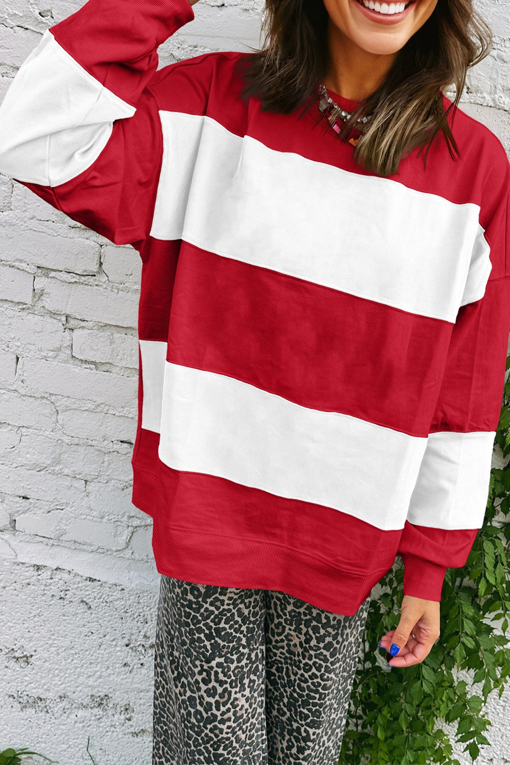 Fiery Red Colorblock Drop Shoulder Baggy Sweatshirt-Tops/Sweatshirts & Hoodies-[Adult]-[Female]-2022 Online Blue Zone Planet