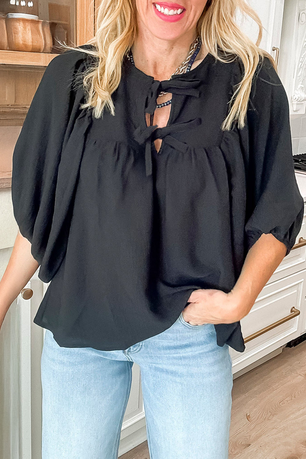 Black Bow Tie Neck 3/4 Sleeve Casual Blouse-Tops/Blouses & Shirts-[Adult]-[Female]-Black-S-2022 Online Blue Zone Planet