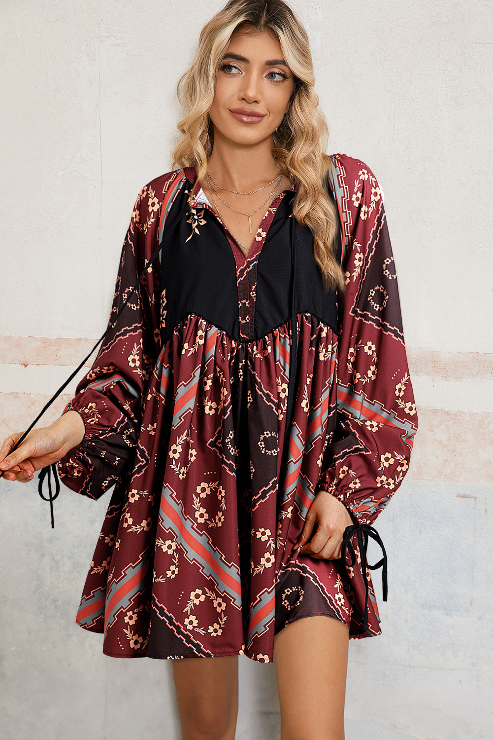 Red Boho Floral Geometric Short Sleeve V-Neck Tie Dress-Short Dresses-[Adult]-[Female]-2022 Online Blue Zone Planet