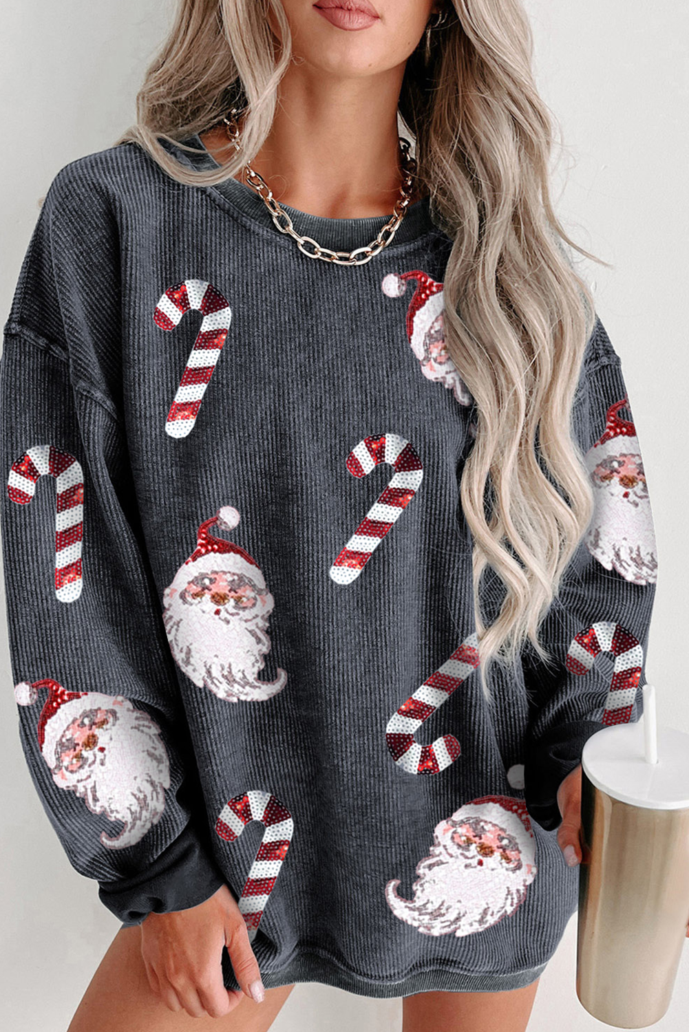 Gray Santa Claus Candy Cane Sequin Patched Baggy Sweatshirt-Graphic Sweatshirts-[Adult]-[Female]-Gray-S-2022 Online Blue Zone Planet