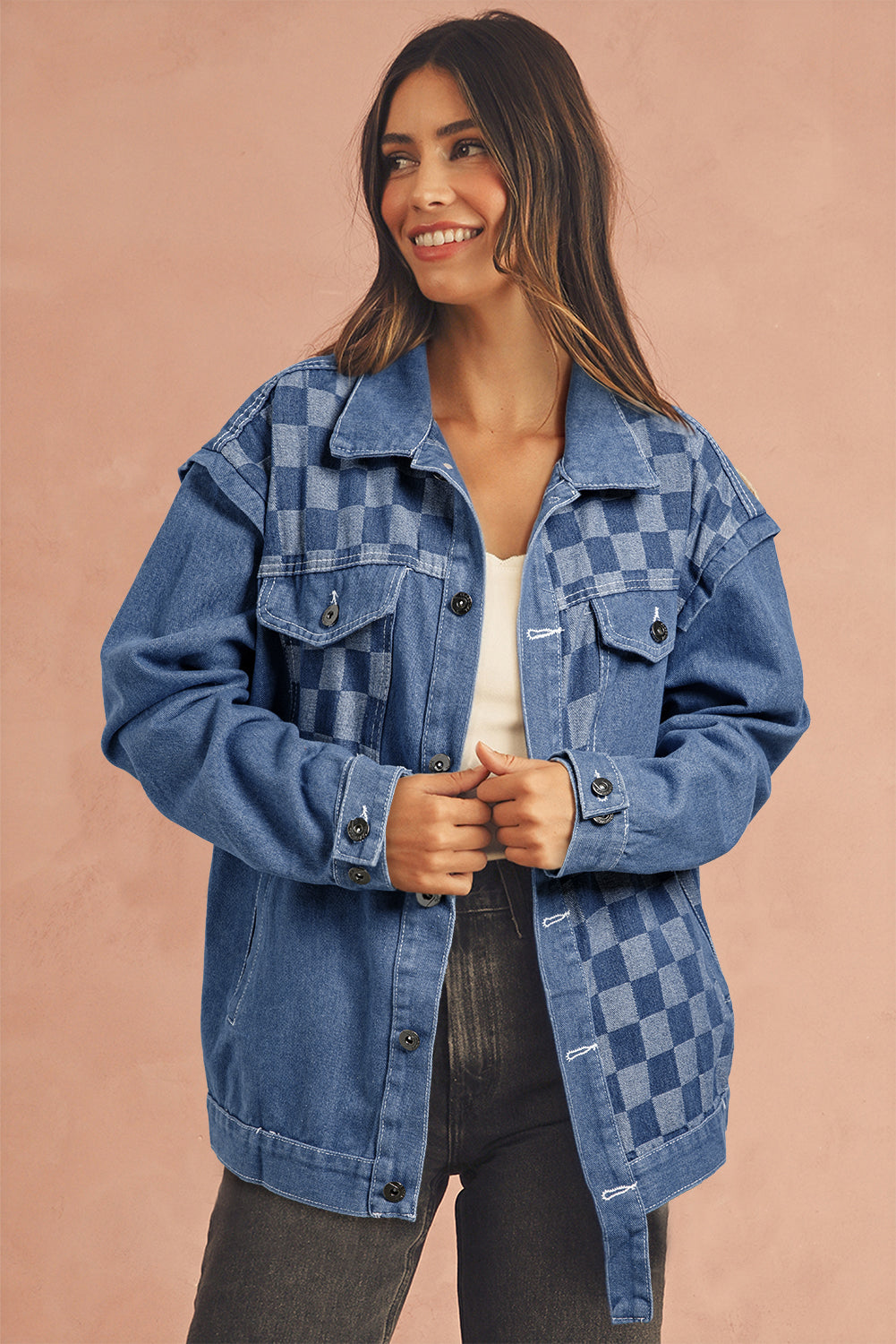 Ashleigh Blue Checkered Patchwork Button Up Denim Jacket-Jackets-[Adult]-[Female]-Ashleigh Blue-S-2022 Online Blue Zone Planet