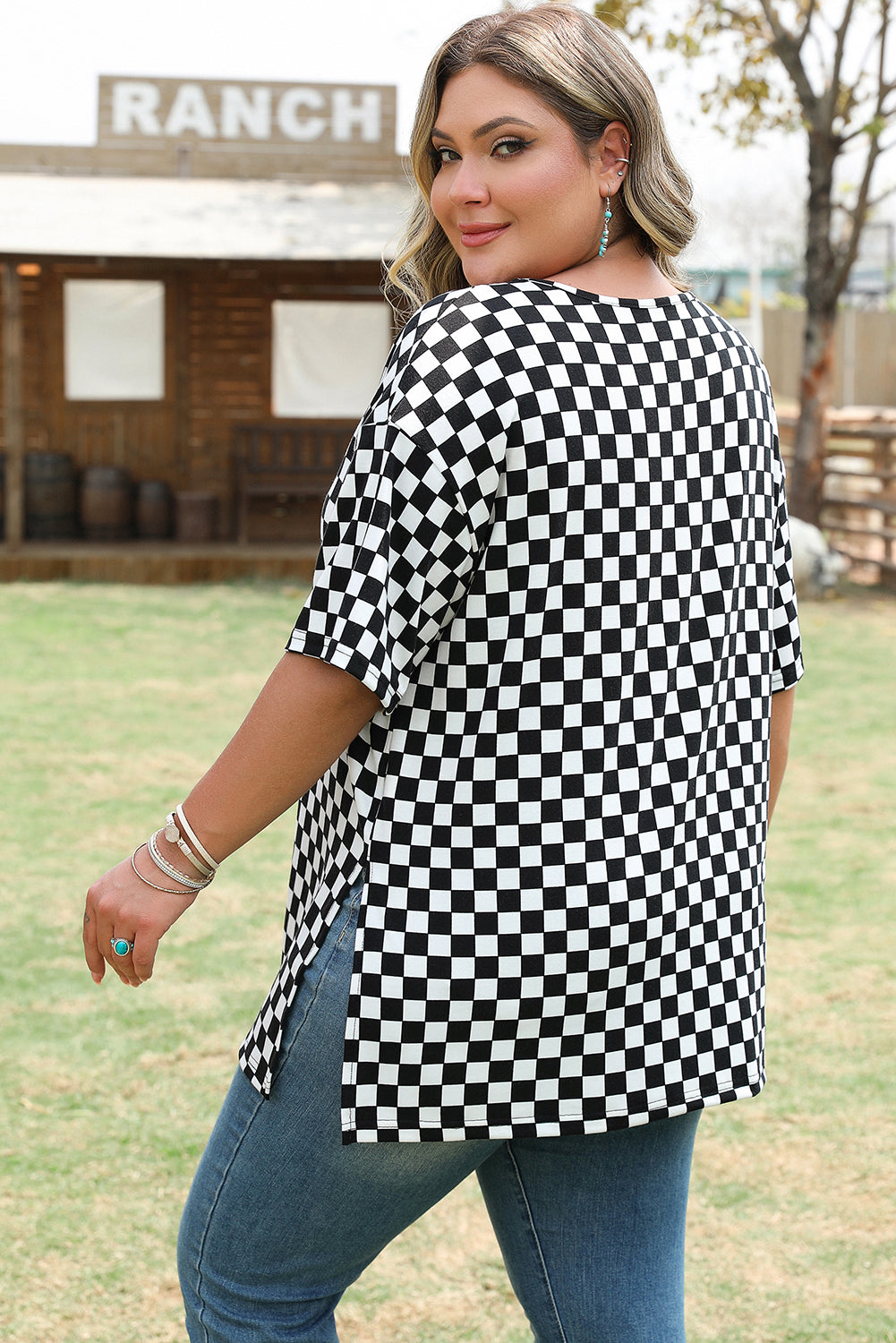 Blue Zone Planet | Black Checkered Print Side Slits O Neck Plus Size T Shirt-Plus Size/Plus Size Tops/Plus Size Tops & Tees-[Adult]-[Female]-2022 Online Blue Zone Planet