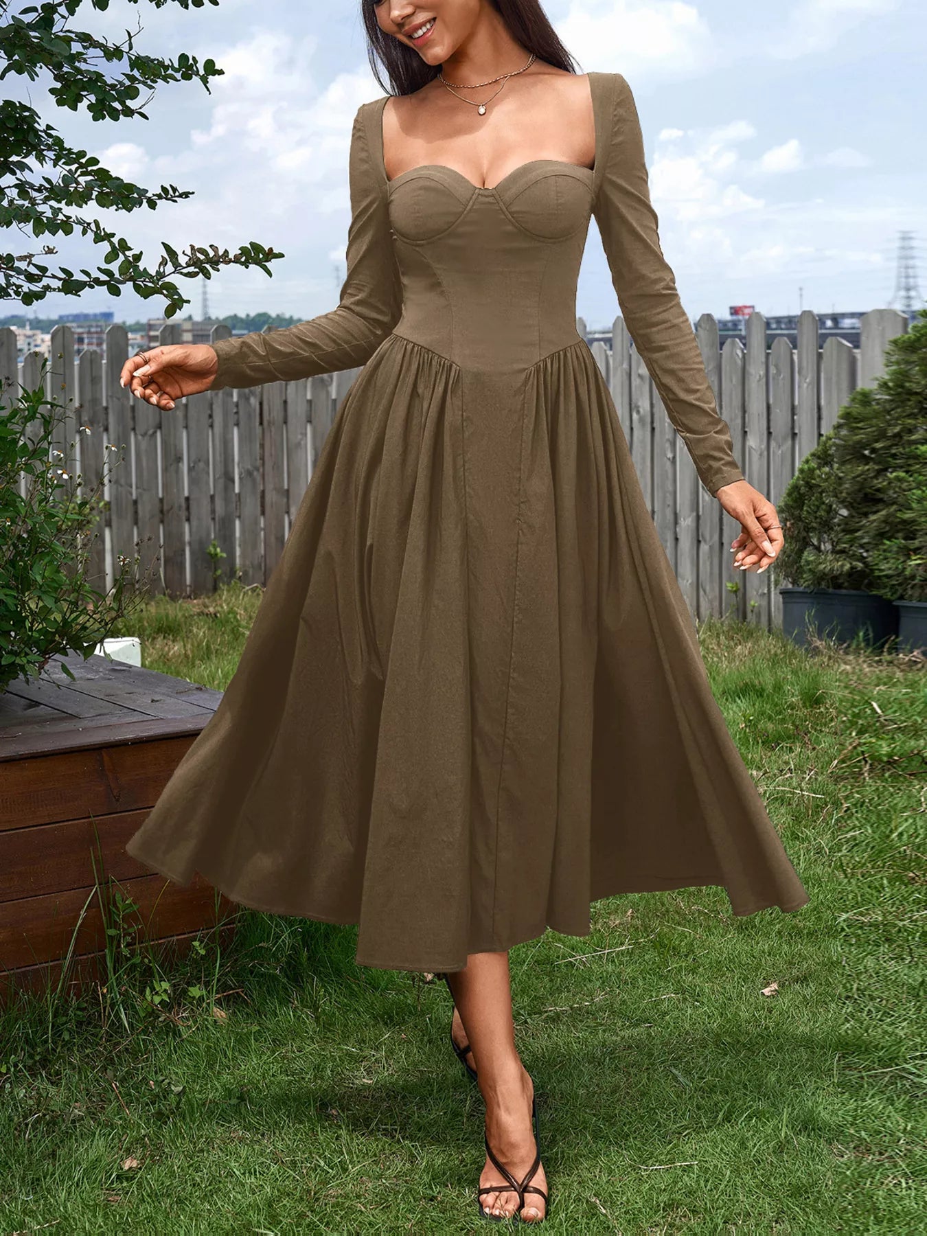 sweetheart a line midi dress Sweetheart Neckline Long Sleeve A-Line Midi Dress Navy Blue / M by Blue Zone Planet