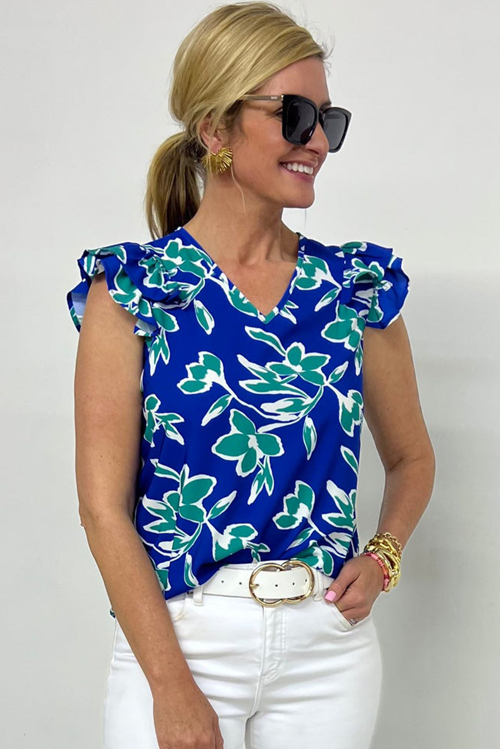 Blue V Neck Floral Print Double Ruffled Short Sleeve Blouse-Tops/Blouses & Shirts-[Adult]-[Female]-2022 Online Blue Zone Planet