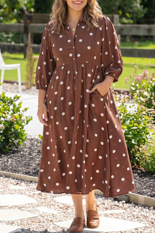 Brown Polka Dot V Neck Abdomen Pocket Gathered Cuffs Long Sleeve Shift Plus Size Dress-TOPS / DRESSES-[Adult]-[Female]-Brown-1X-2022 Online Blue Zone Planet