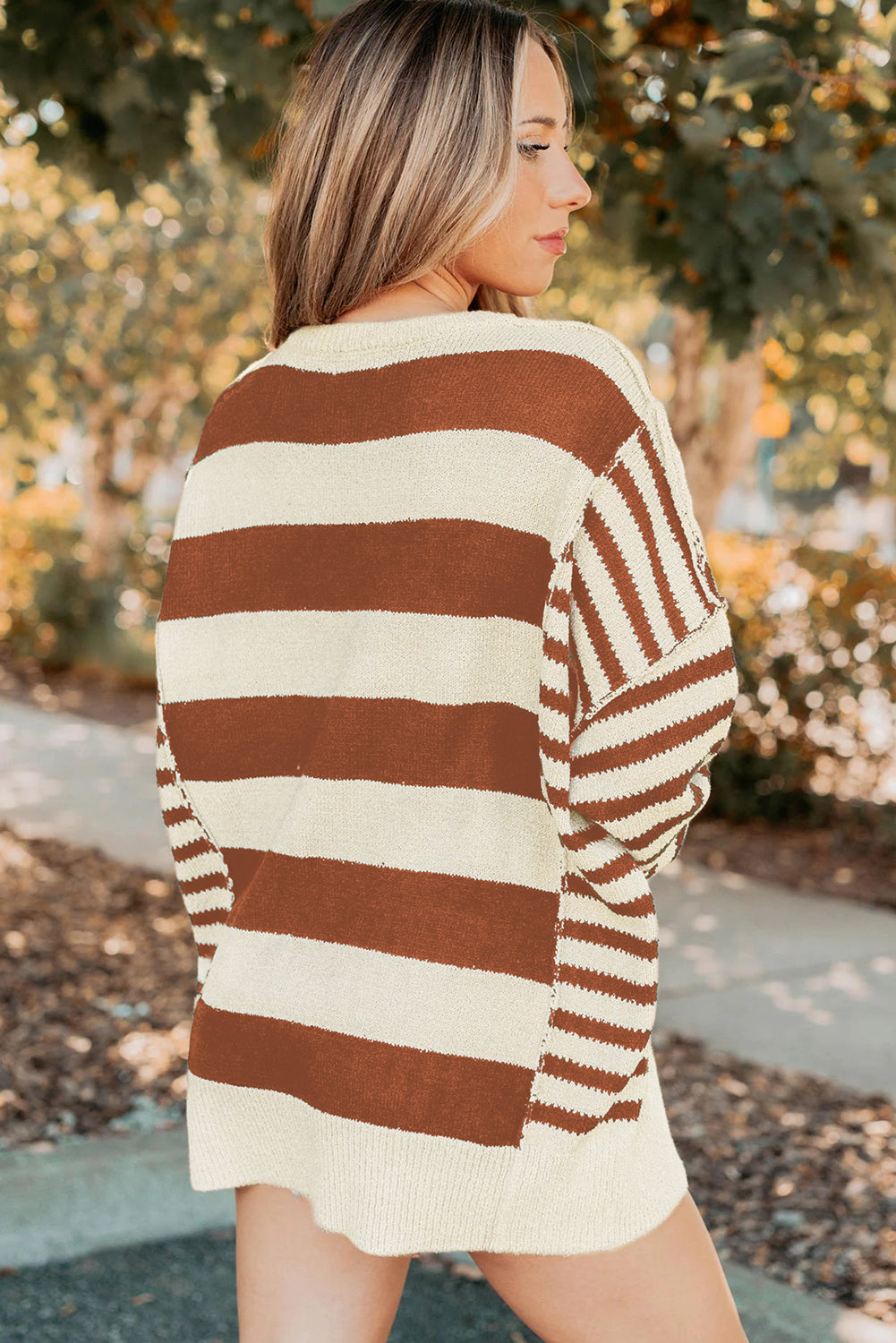 Brown Stripe Drop Shoulder Sleeve Patchwork Baggy Sweater-TOPS / DRESSES-[Adult]-[Female]-2022 Online Blue Zone Planet