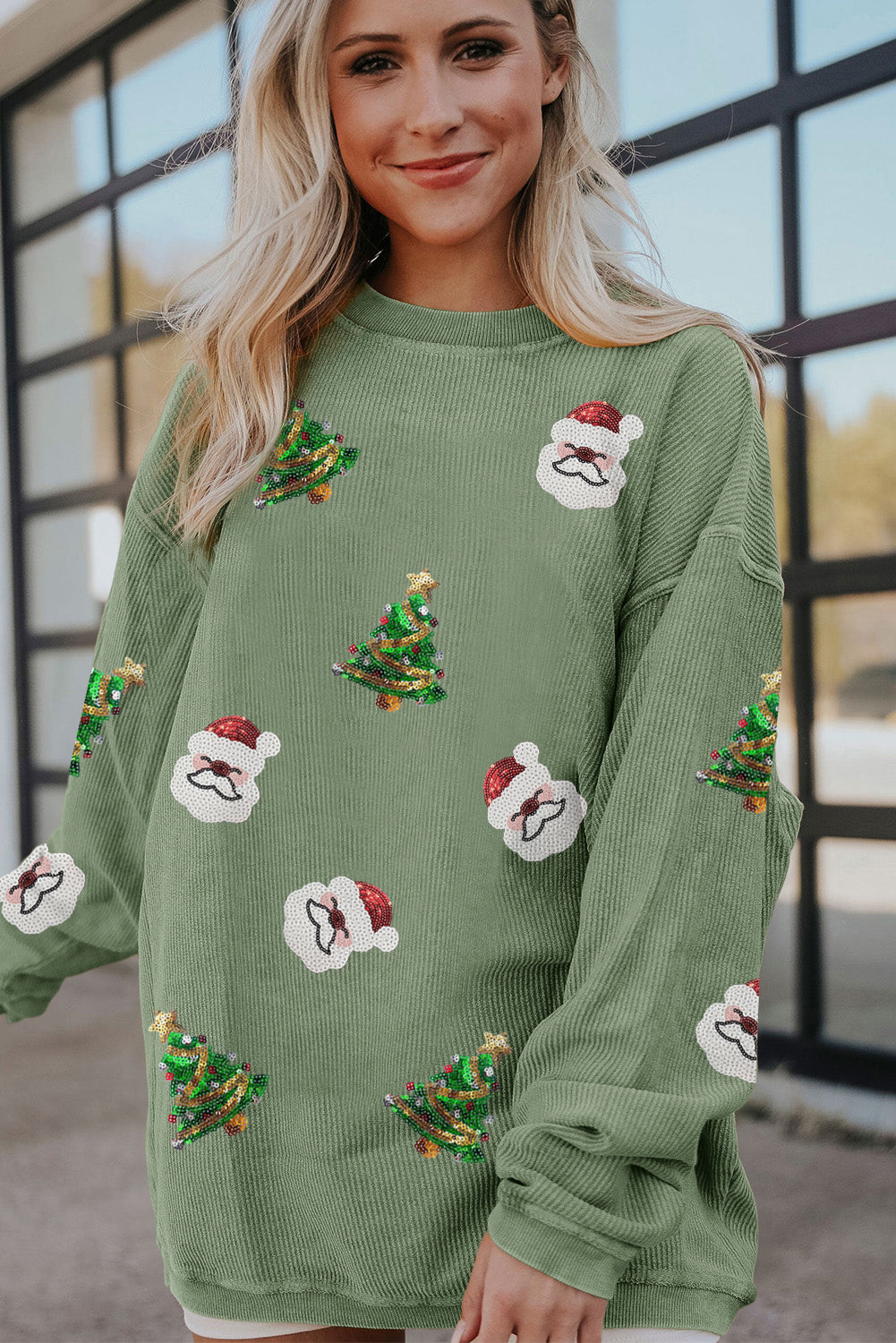 Grass Green Sequin Santa Clause Christmas Tree Patchwork Corded Sweatshirt-Graphic Sweatshirts-[Adult]-[Female]-2022 Online Blue Zone Planet