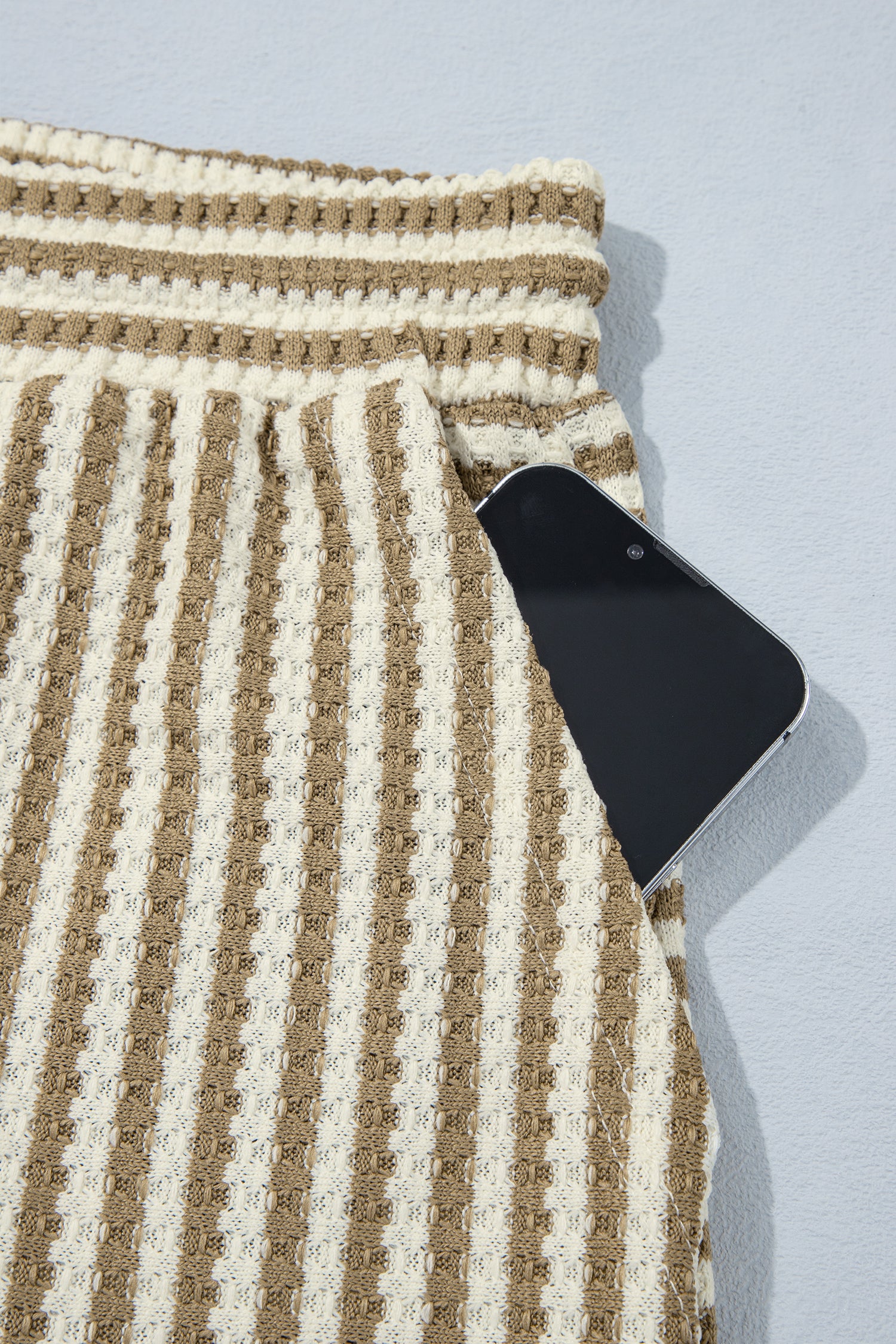 Brown Stripe Textured Knit Long Sleeve Top Elastic Waist Shorts Casual Outfit-Two Piece Sets/Short Sets-[Adult]-[Female]-2022 Online Blue Zone Planet