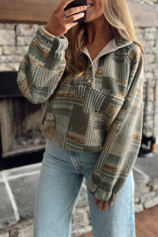 Green Western Print Fleece Pullover Long Sleeve Casual Fit Sweatshirt-Tops/Sweatshirts & Hoodies-[Adult]-[Female]-Green-S-2022 Online Blue Zone Planet