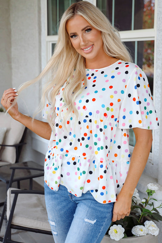 White Colorful Polka Dot Short Sleeve Tiered Ruffled Babydoll Blouse-Tops/Blouses & Shirts-[Adult]-[Female]-White-S-2022 Online Blue Zone Planet