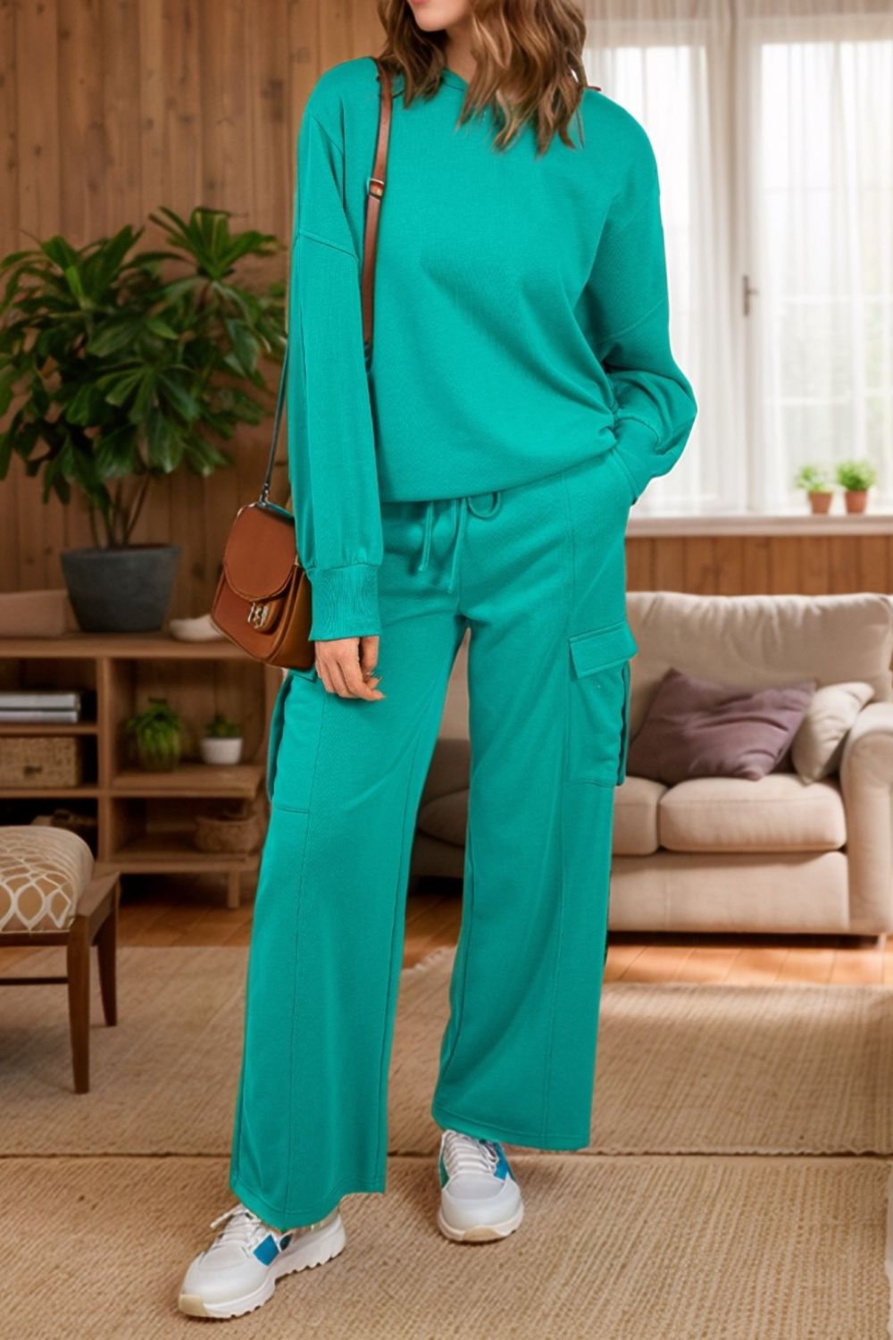 Full Size Round Neck Long Sleeve Top and Drawstring Pants Set-TOPS / DRESSES-[Adult]-[Female]-Turquoise-S-2022 Online Blue Zone Planet