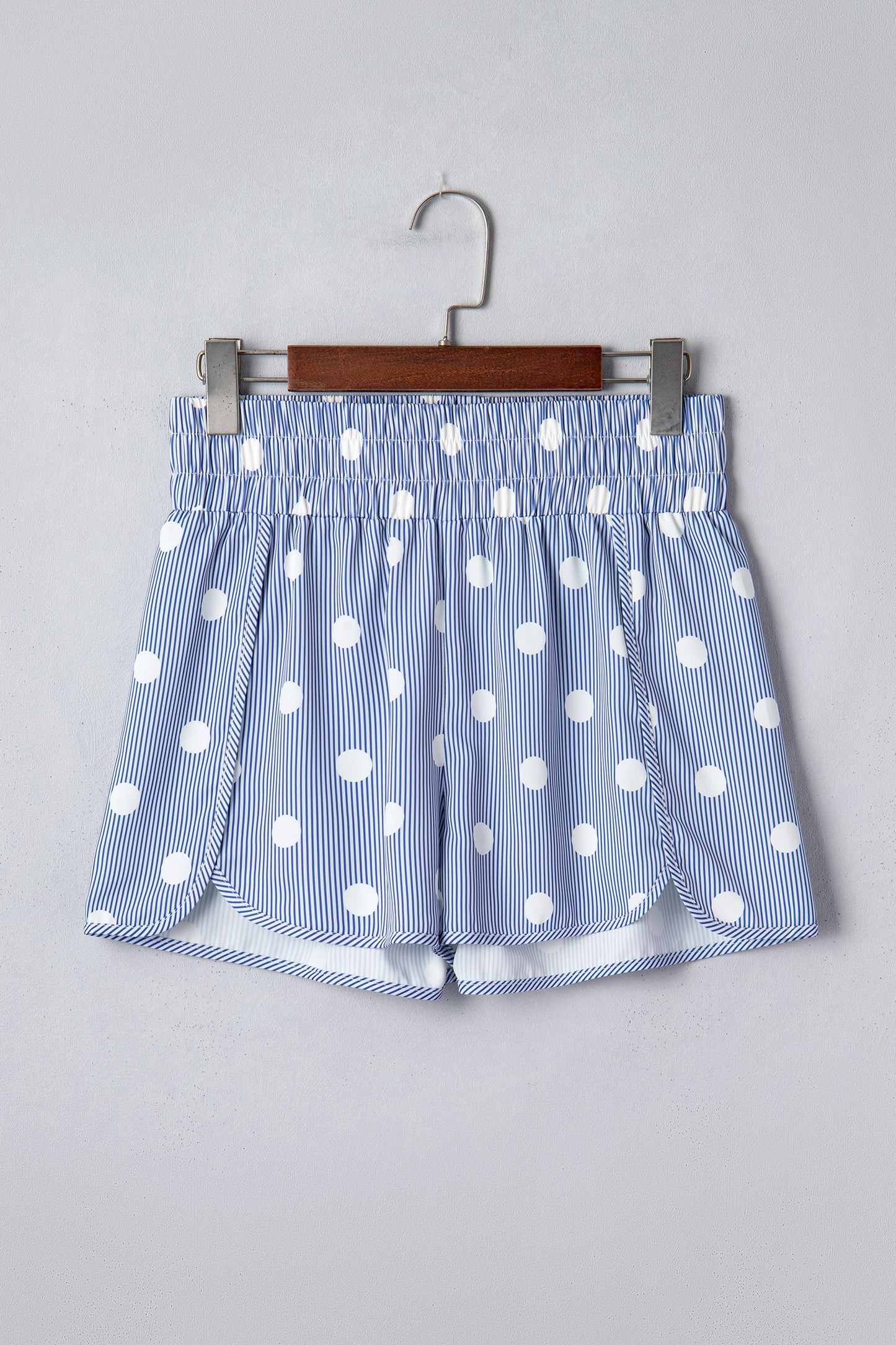 Sky Blue Polka Dot Print Shirred High Waist Casual Shorts-Bottoms/Casual Shorts-[Adult]-[Female]-2022 Online Blue Zone Planet