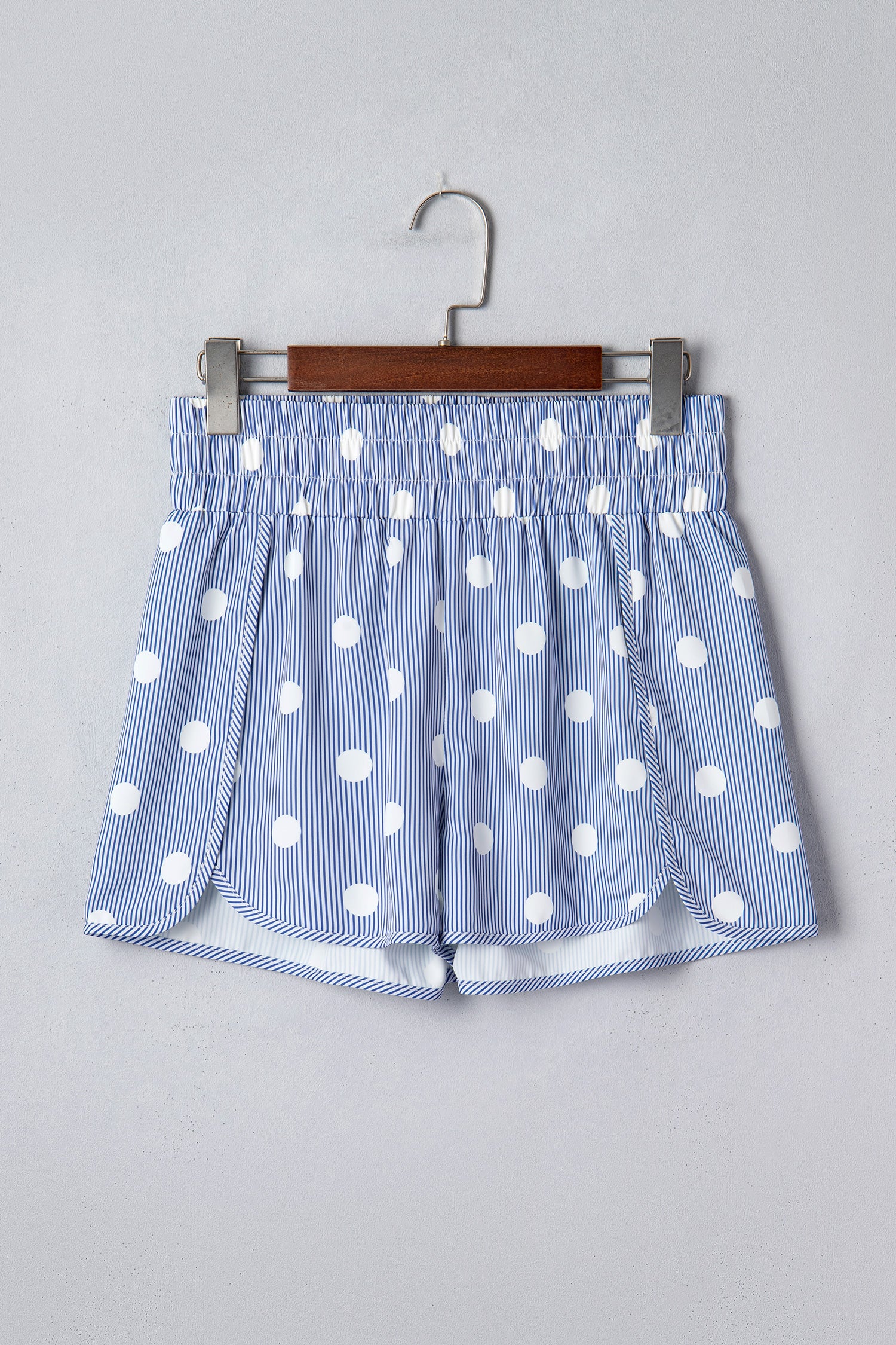 Sky Blue Polka Dot Print Shirred High Waist Casual Shorts-Bottoms/Casual Shorts-[Adult]-[Female]-2022 Online Blue Zone Planet