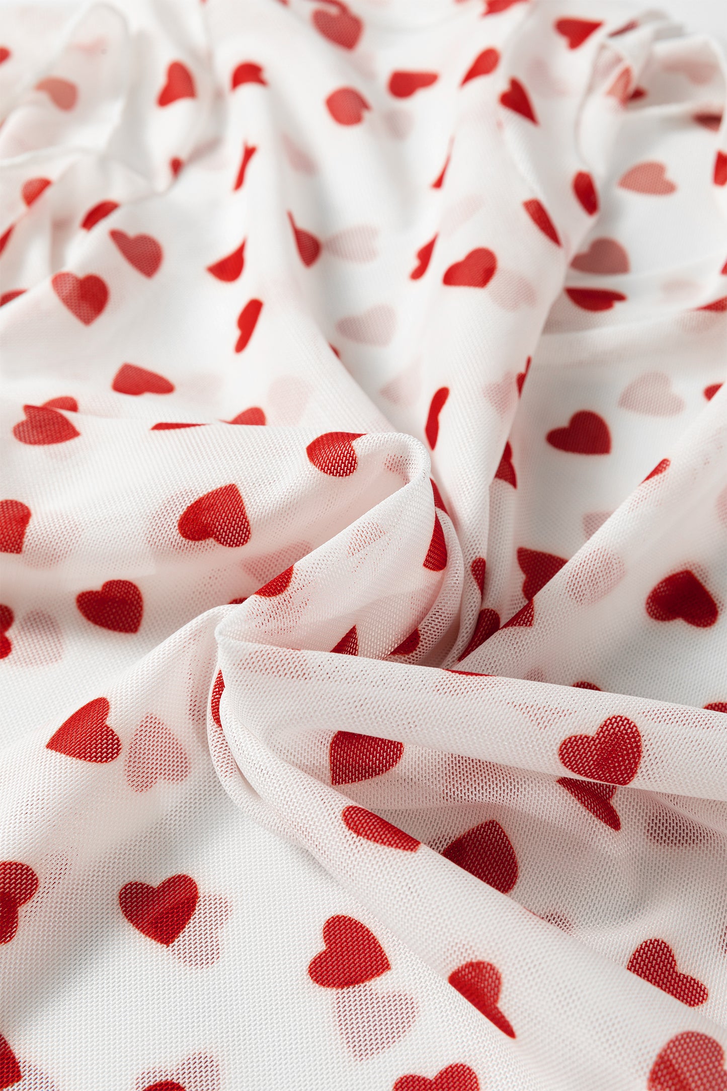 Red Allover Heart Print Mesh Short Sleeve Top-Tops/Tops & Tees-[Adult]-[Female]-2022 Online Blue Zone Planet