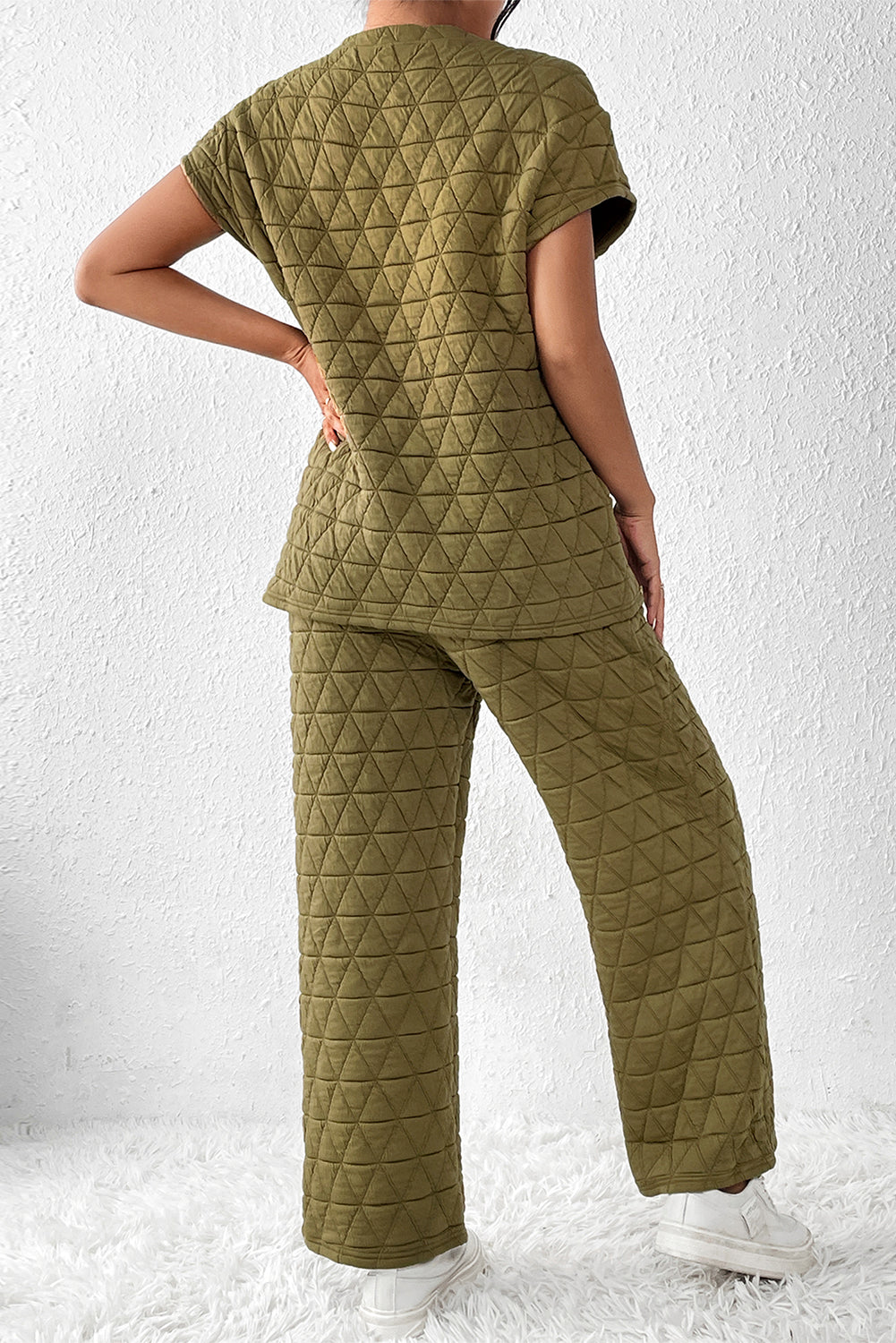 Blue Zone Planet |  Sage Green Quilted Short Sleeve Wide Leg Pants Set Blue Zone Planet