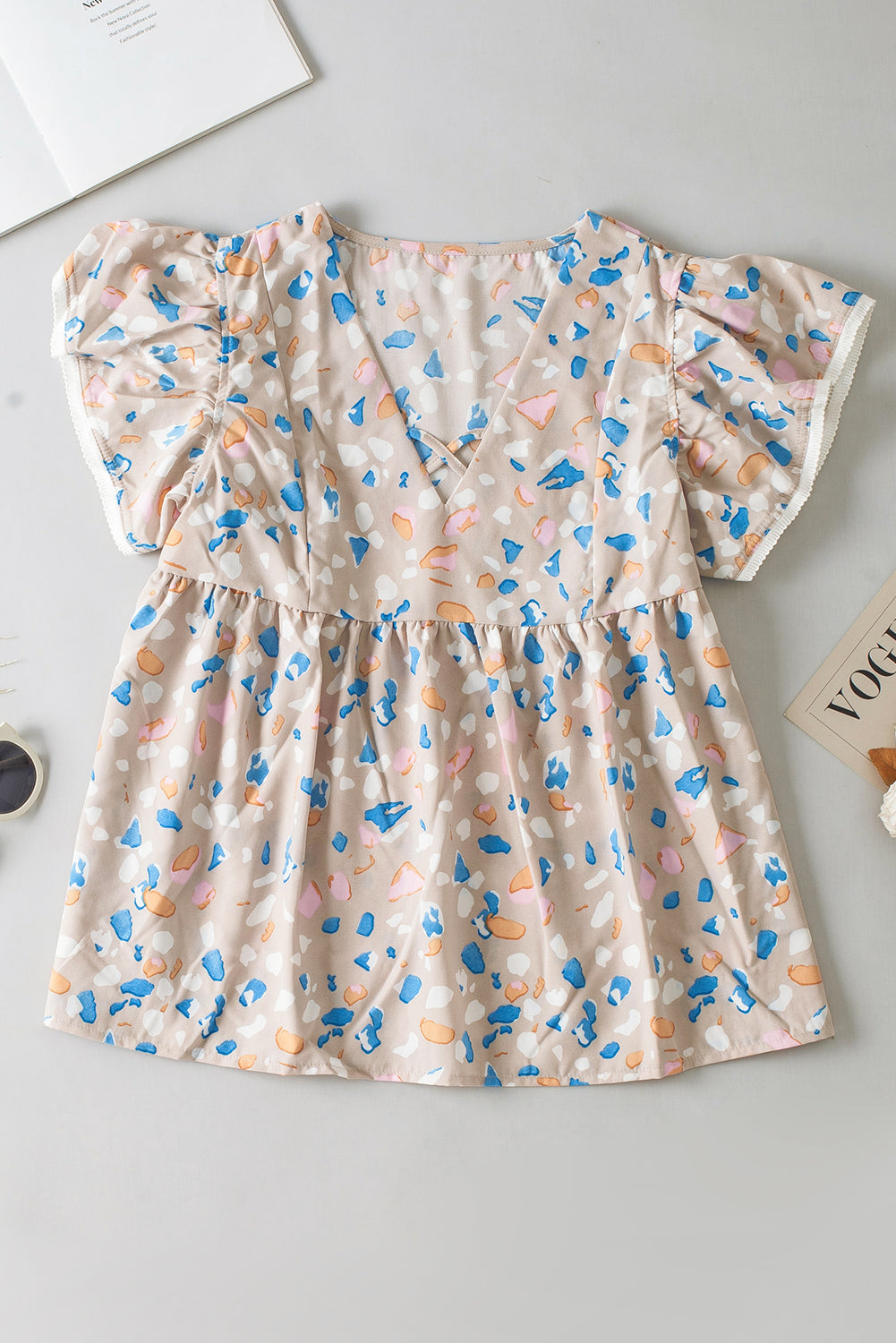 Khaki Crisscross V Neck Ruffle Sleeve Printed Flowy Blouse-Sale (50% OFF)/30% OFF-[Adult]-[Female]-2022 Online Blue Zone Planet