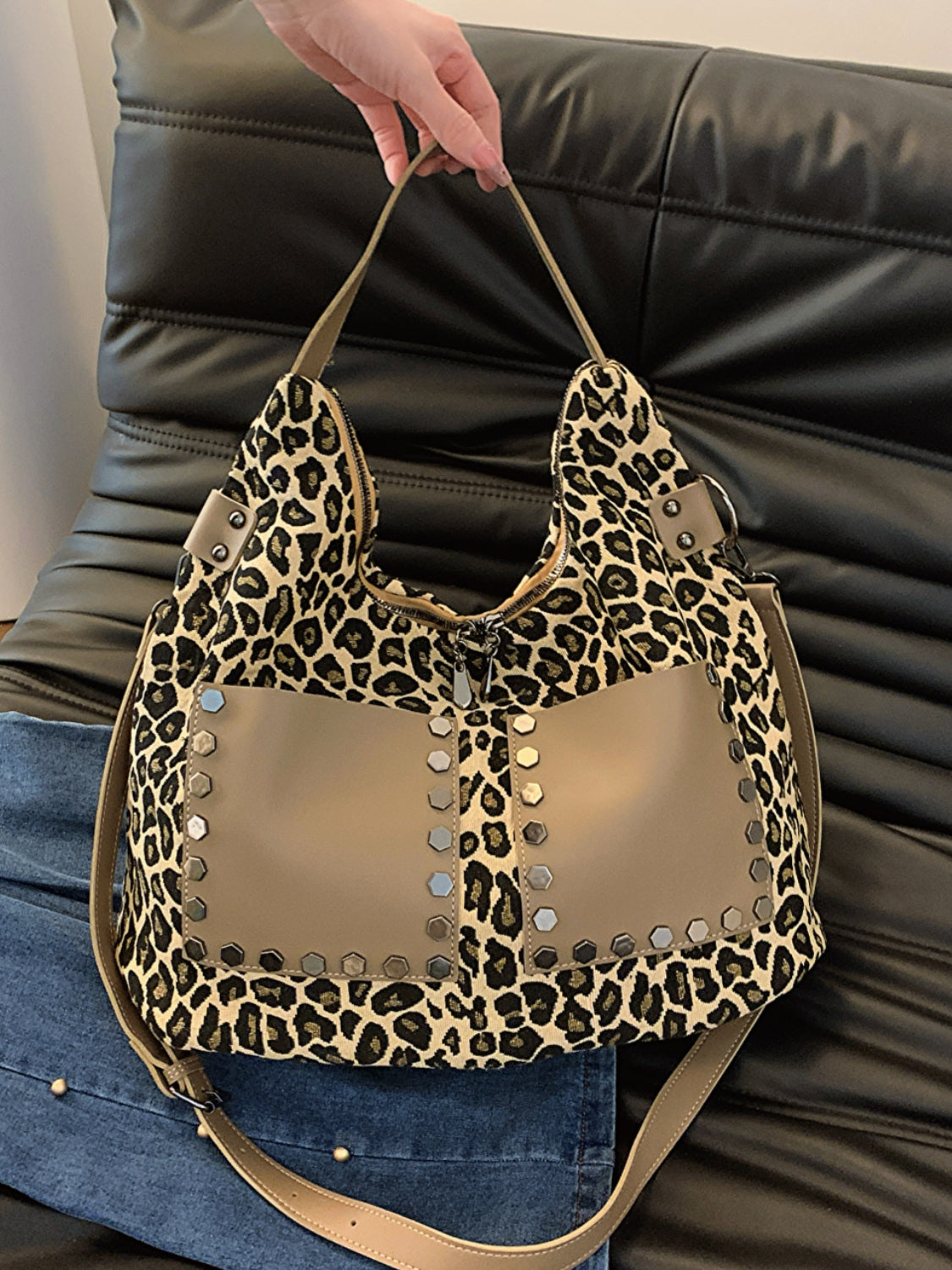 Blue Zone Planet | Leopard Polyester Shoulder Bag with Zippers-HANDBAGS-[Adult]-[Female]-Khaki-One Size-2022 Online Blue Zone Planet