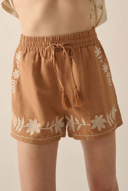 Khaki Embroidered Boho Tasseled Drawstring Elastic Waist Casual Shorts-Bottoms/Casual Shorts-[Adult]-[Female]-Khaki-S-2022 Online Blue Zone Planet