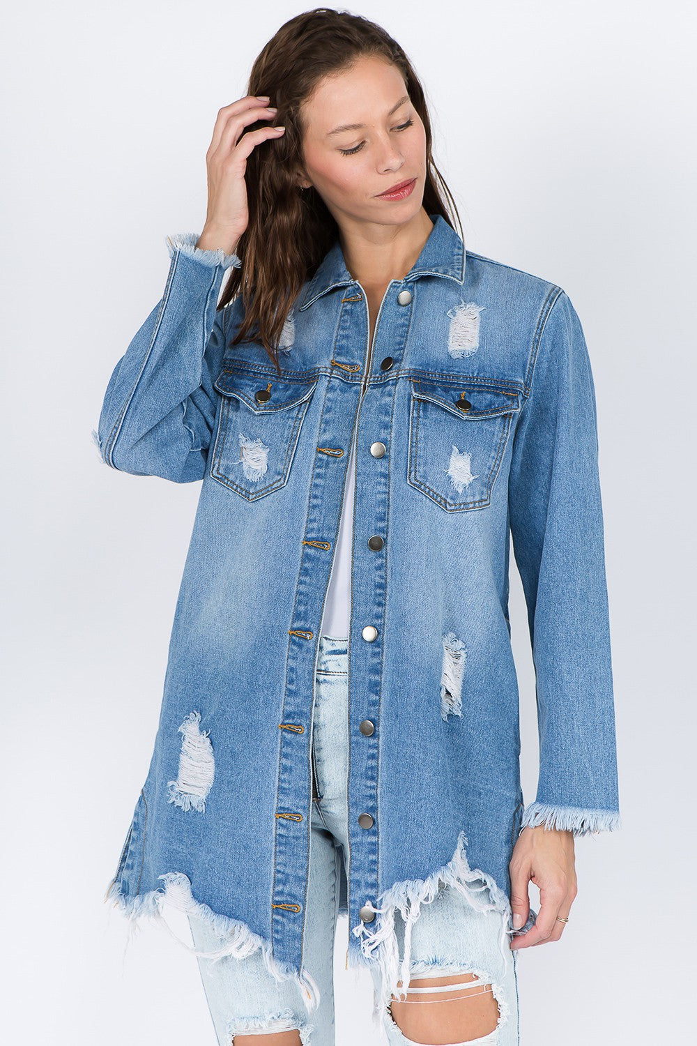 American Bazi Distressed Frayed Hem Denim Jacket-TOPS / DRESSES-[Adult]-[Female]-Blue-S-2022 Online Blue Zone Planet