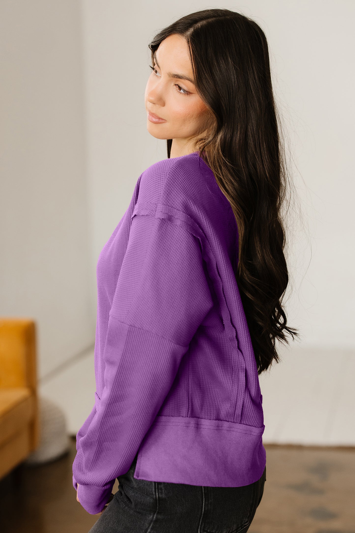 Orchid Mist Solid Color Raw Seam Patchwork Ribbed Drop Shoulder Sweatshirt-Tops/Sweatshirts & Hoodies-[Adult]-[Female]-2022 Online Blue Zone Planet