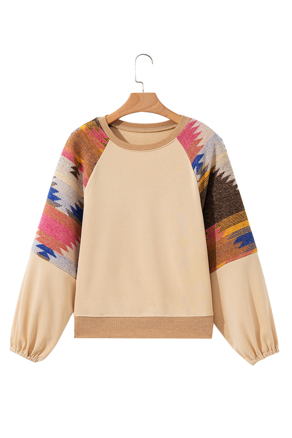 Light French Beige Aztec Patchwork Raglan Pullover Sweatshirt-Tops/Sweatshirts & Hoodies-[Adult]-[Female]-2022 Online Blue Zone Planet