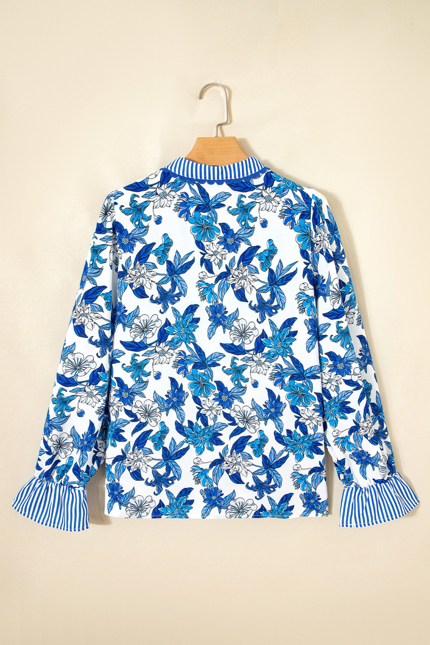 Sky Blue Floral Print Striped Patchwork Long Flounce Sleeve Ricrac Trim V Neck Blouse-Tops/Blouses & Shirts-[Adult]-[Female]-2022 Online Blue Zone Planet