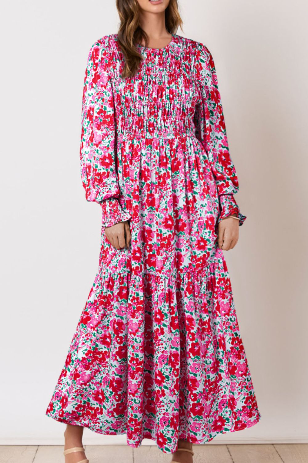 Blue Zone Planet | Printed Round Neck Lantern Sleeve Maxi Dress-TOPS / DRESSES-[Adult]-[Female]-Pink-S-2022 Online Blue Zone Planet