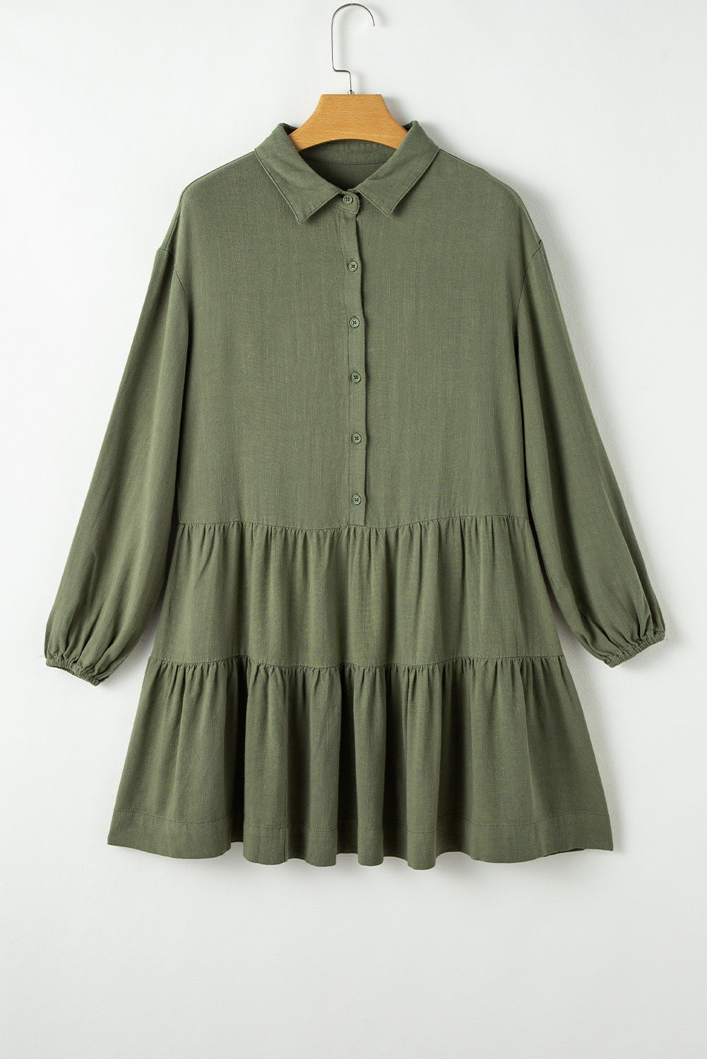 Puff Sleeve Tiered Shirt Dress M / Jungle Green Puff Sleeve Tiered Shirt Dress M / Jungle Green