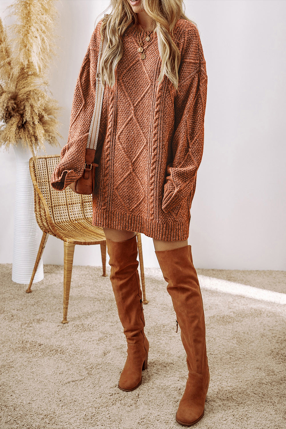 Coffee Cable Knit Drop Shoulder Loose Fit Sweater Dress-Sweaters & Cardigans/Sweater Dresses-[Adult]-[Female]-2022 Online Blue Zone Planet