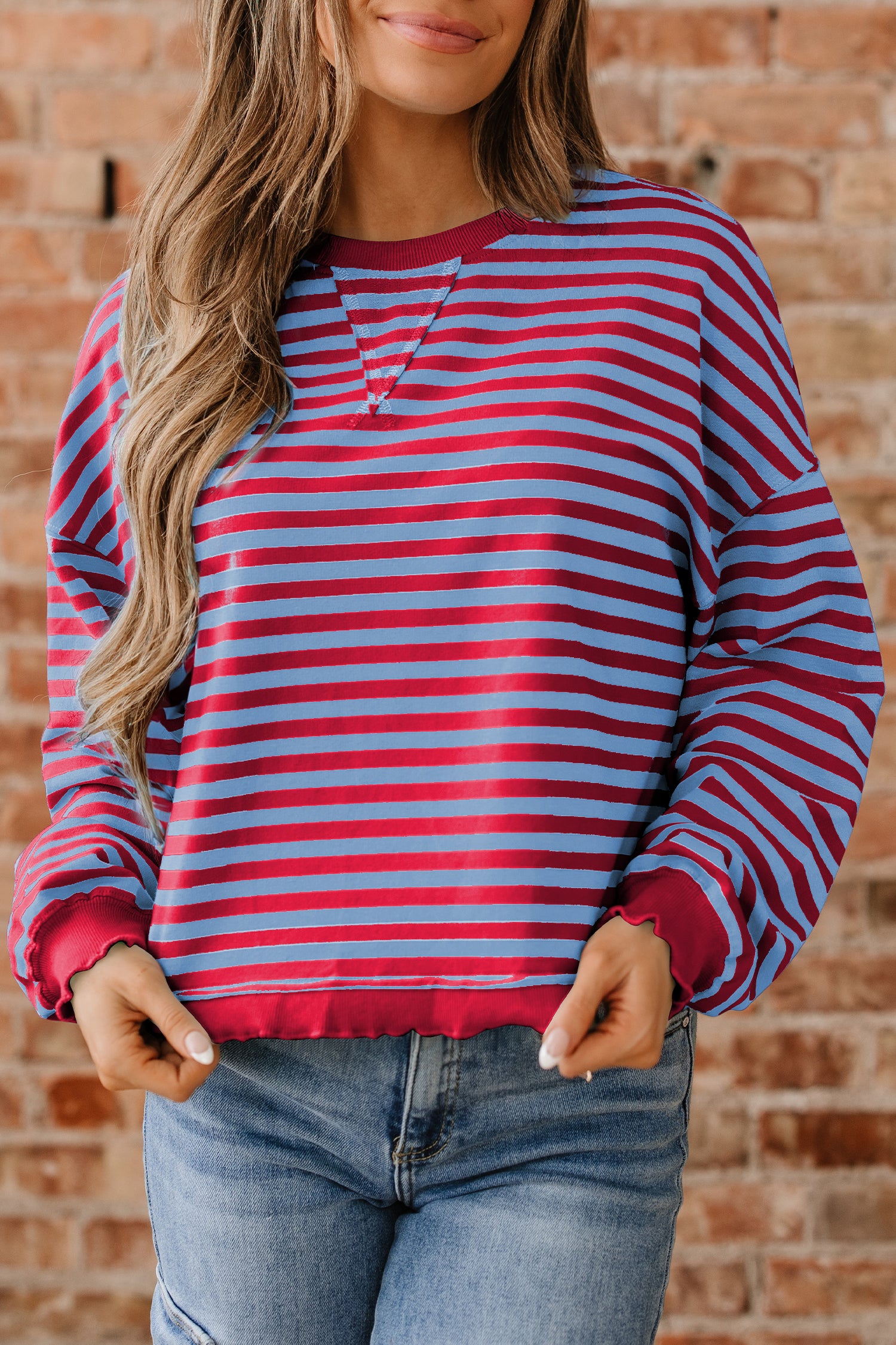 Red Stripe Exposed Seam Contrast Ribbed Trim Oversize Sweatshirt-Tops/Sweatshirts & Hoodies-[Adult]-[Female]-2022 Online Blue Zone Planet