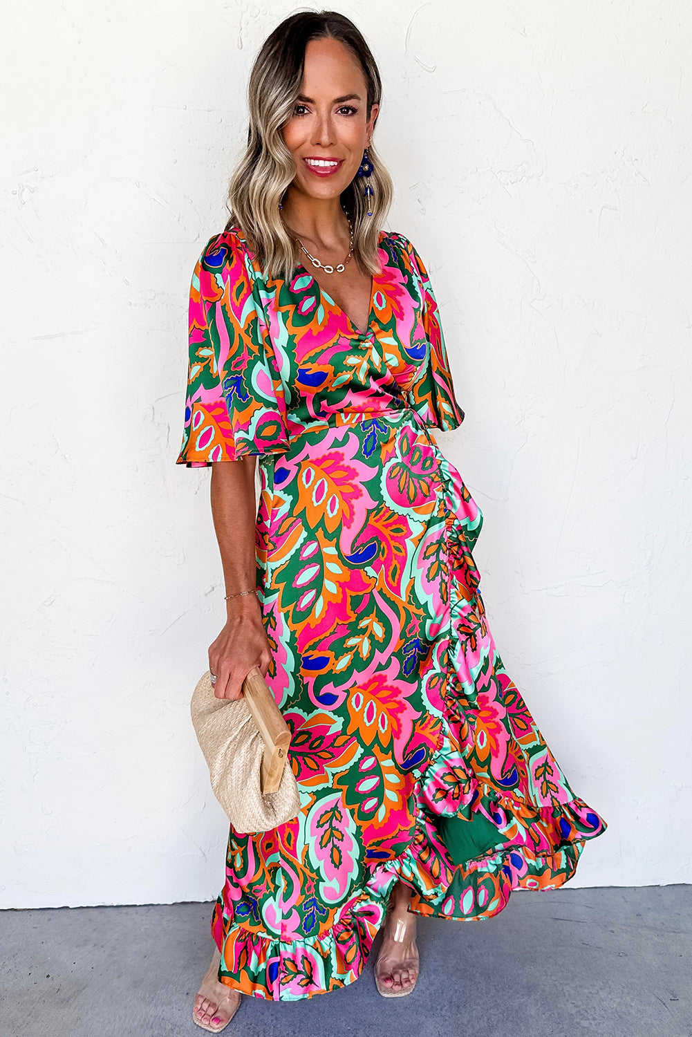 Rose Summer Plant Print Surpliced V Neck Ruffled Asymmetric Slit Wide Short Sleeve Maxi Dress-TOPS / DRESSES-[Adult]-[Female]-2022 Online Blue Zone Planet