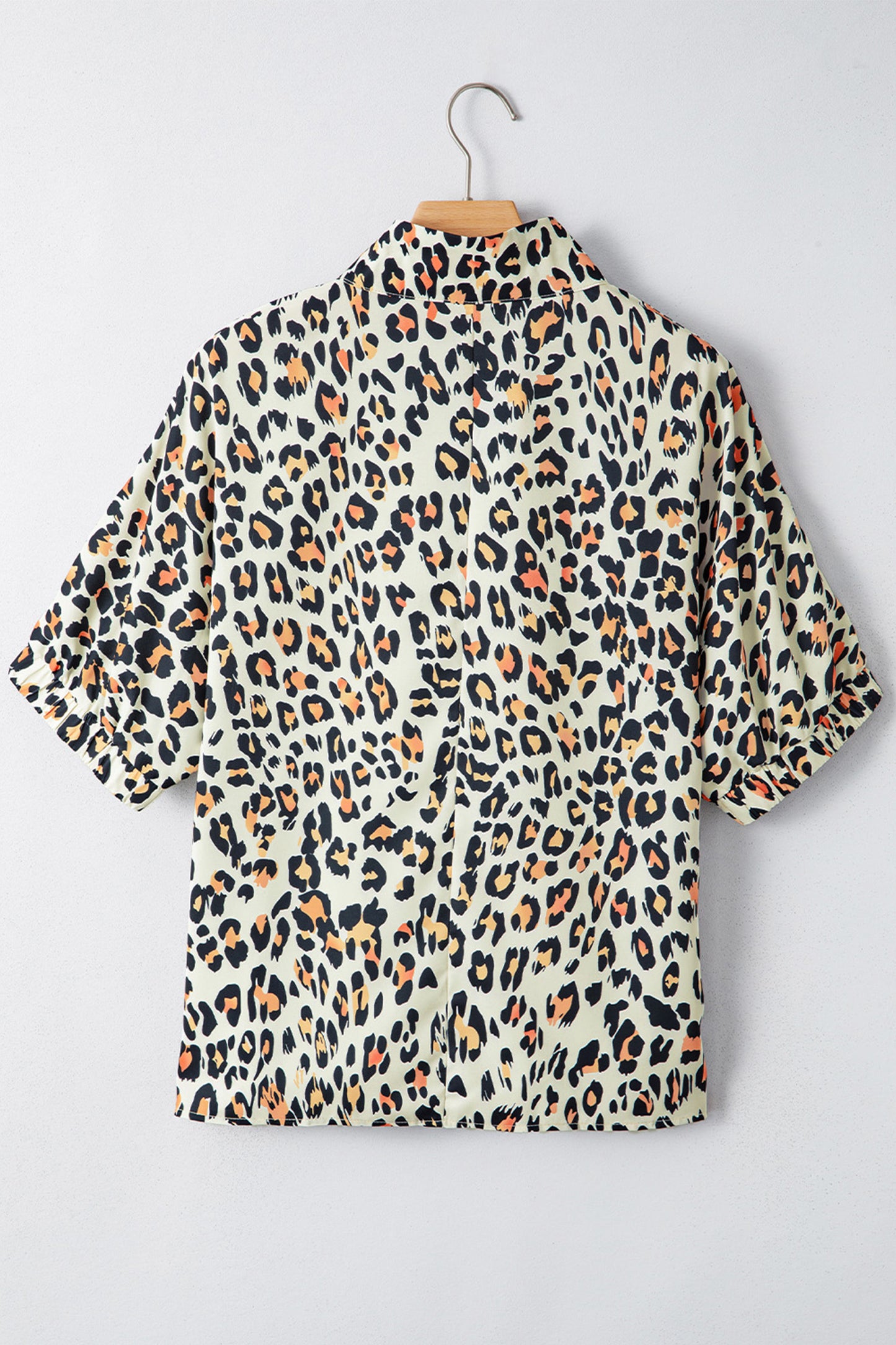 Khaki Leopard Color Block Contrast Striped V Neck Half Sleeve Loose Fit Blouse-Tops/Blouses & Shirts-[Adult]-[Female]-2022 Online Blue Zone Planet