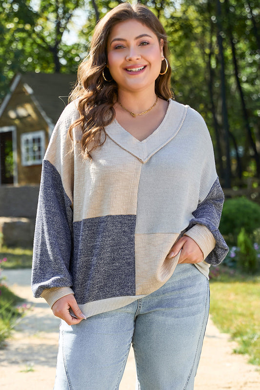 Ashleigh Blue Plus Size Textured Colorblock Patchwork V Neck Top-Plus Size/Plus Size Tops/Plus Size Long Sleeve Tops-[Adult]-[Female]-Ashleigh Blue-1X-2022 Online Blue Zone Planet