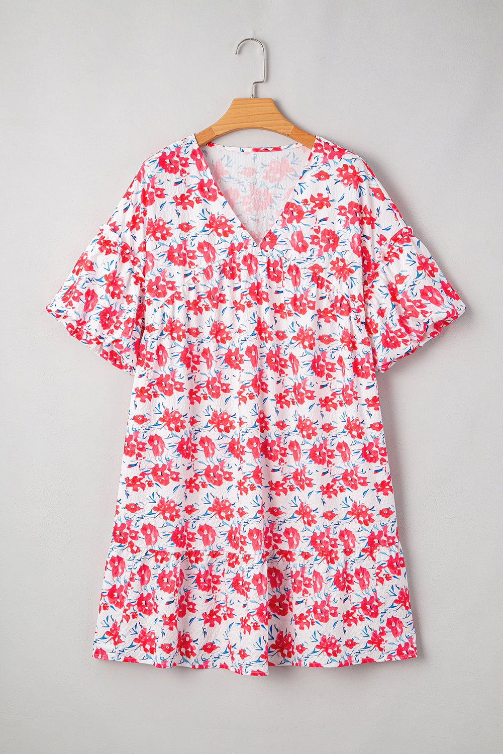 Red Floral Ruffled Half Sleeve V Neck Plus Size Dress-TOPS / DRESSES-[Adult]-[Female]-2022 Online Blue Zone Planet