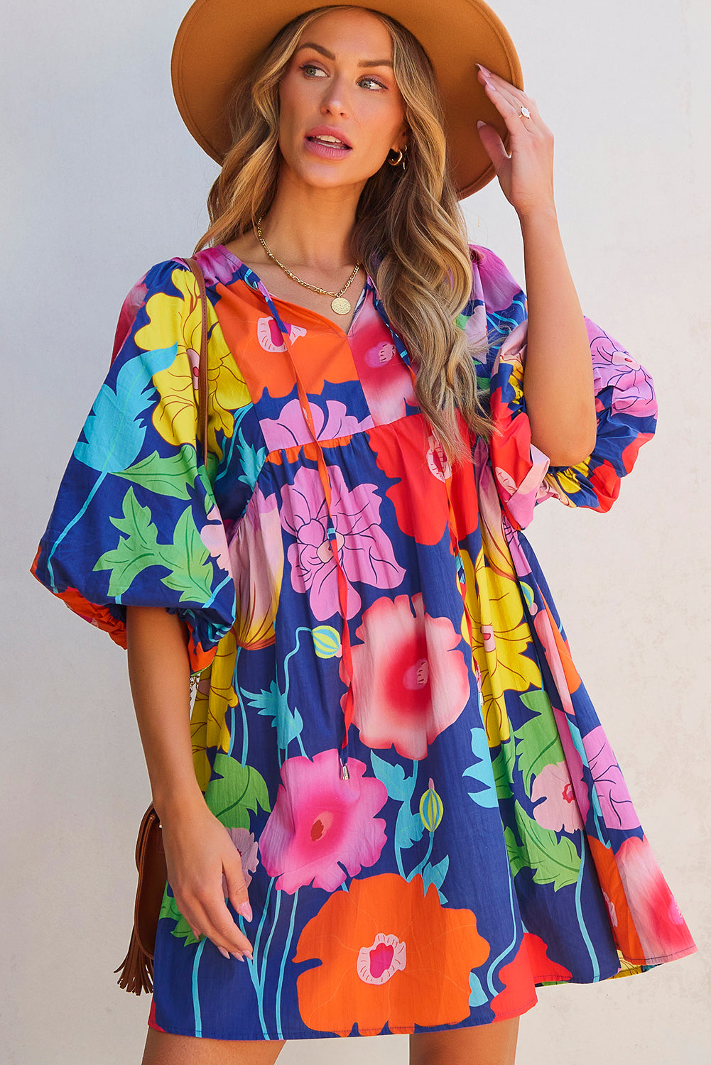 Rose Floral Print Split Neck Babydoll Dress-Dresses/Floral Dresses-[Adult]-[Female]-2022 Online Blue Zone Planet