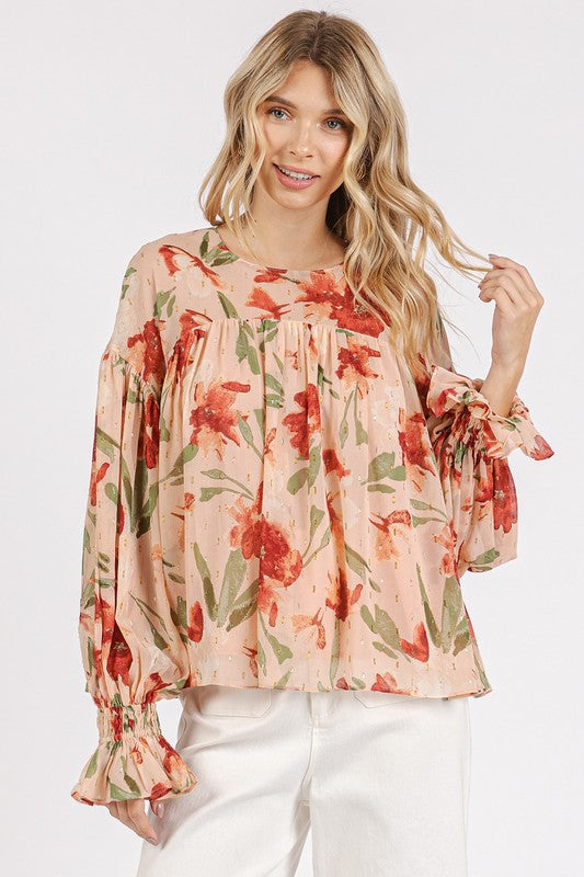Mittoshop Floral Round Neck Flounce Sleeve Blouse-TOPS / DRESSES-[Adult]-[Female]-Blush-S-2022 Online Blue Zone Planet