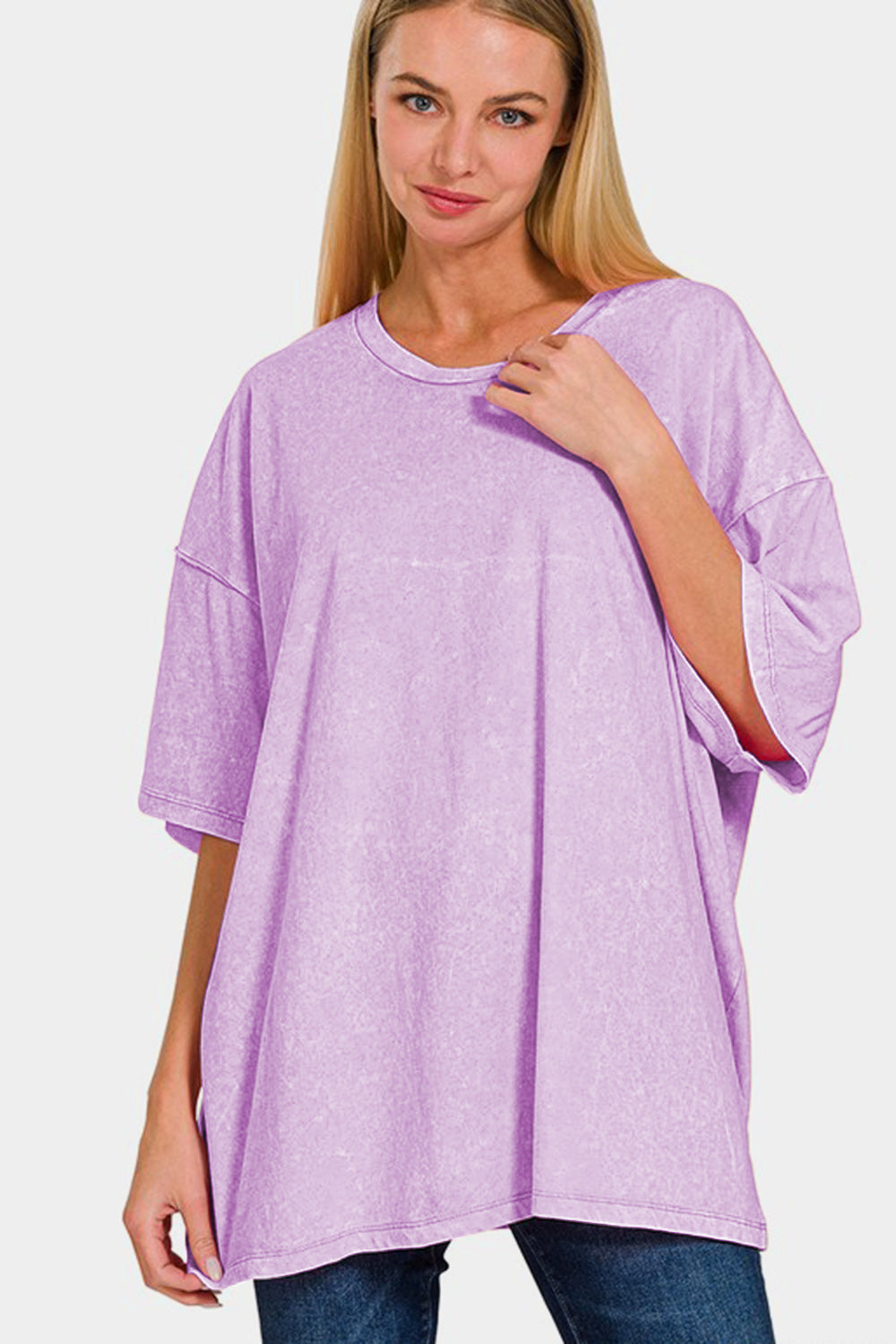 Zenana Full Size Washed Round Neck Drop Shoulder Oversized T-Shirt-TOPS / DRESSES-[Adult]-[Female]-Pink Purple-S/M-2022 Online Blue Zone Planet