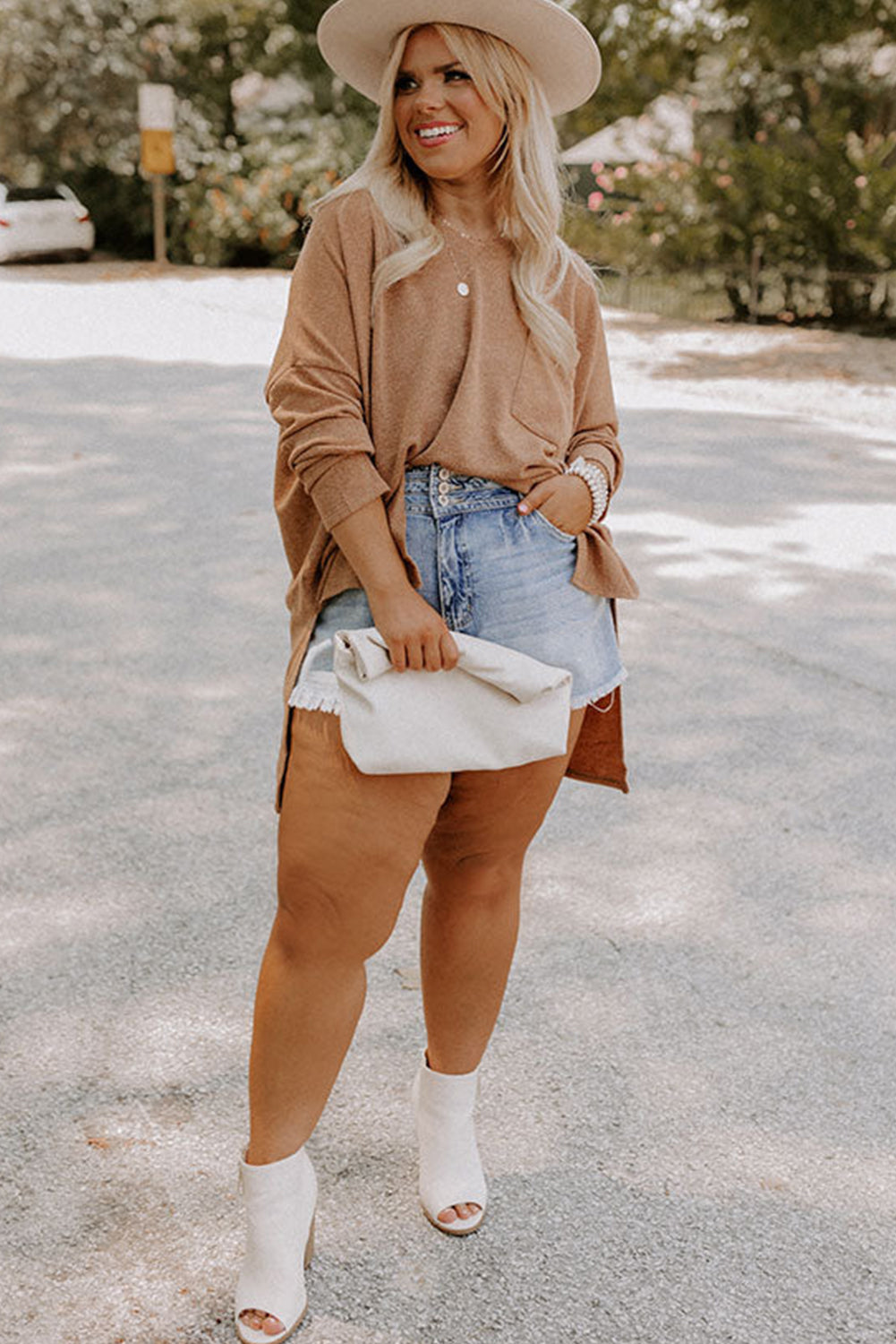 Parchment Plus Size Drop Shoulder Knit Tunic Top-Plus Size/Plus Size Tops/Plus Size Long Sleeve Tops-[Adult]-[Female]-2022 Online Blue Zone Planet