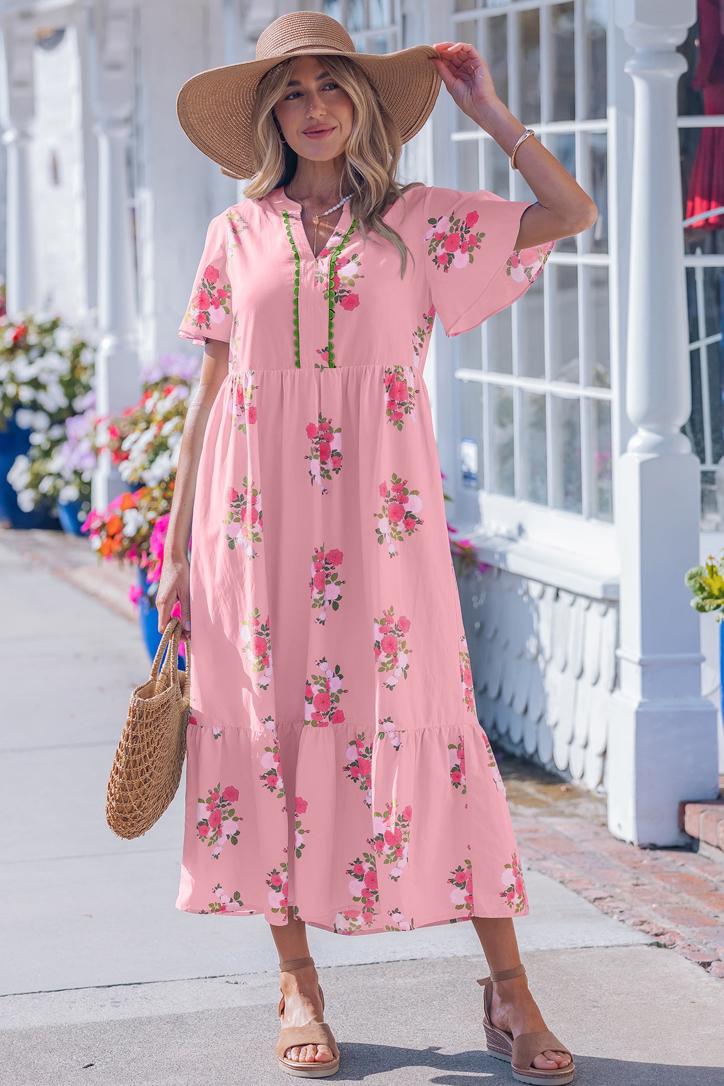 Pink Notched Neck Flutter Short Sleeve Floral Print Maxi Dress-TOPS / DRESSES-[Adult]-[Female]-Pink-S-2022 Online Blue Zone Planet