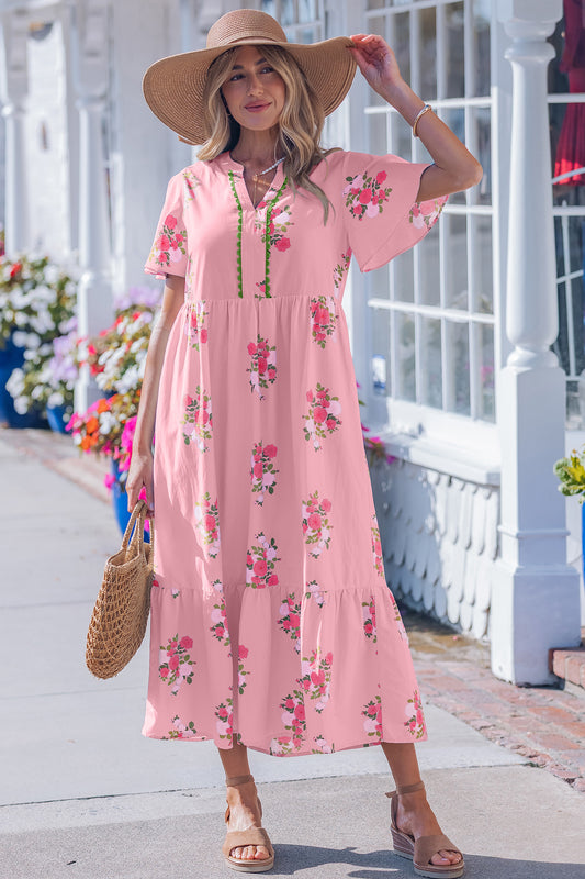 Pink Notched Neck Flutter Short Sleeve Floral Print Maxi Dress-TOPS / DRESSES-[Adult]-[Female]-Pink-S-2022 Online Blue Zone Planet