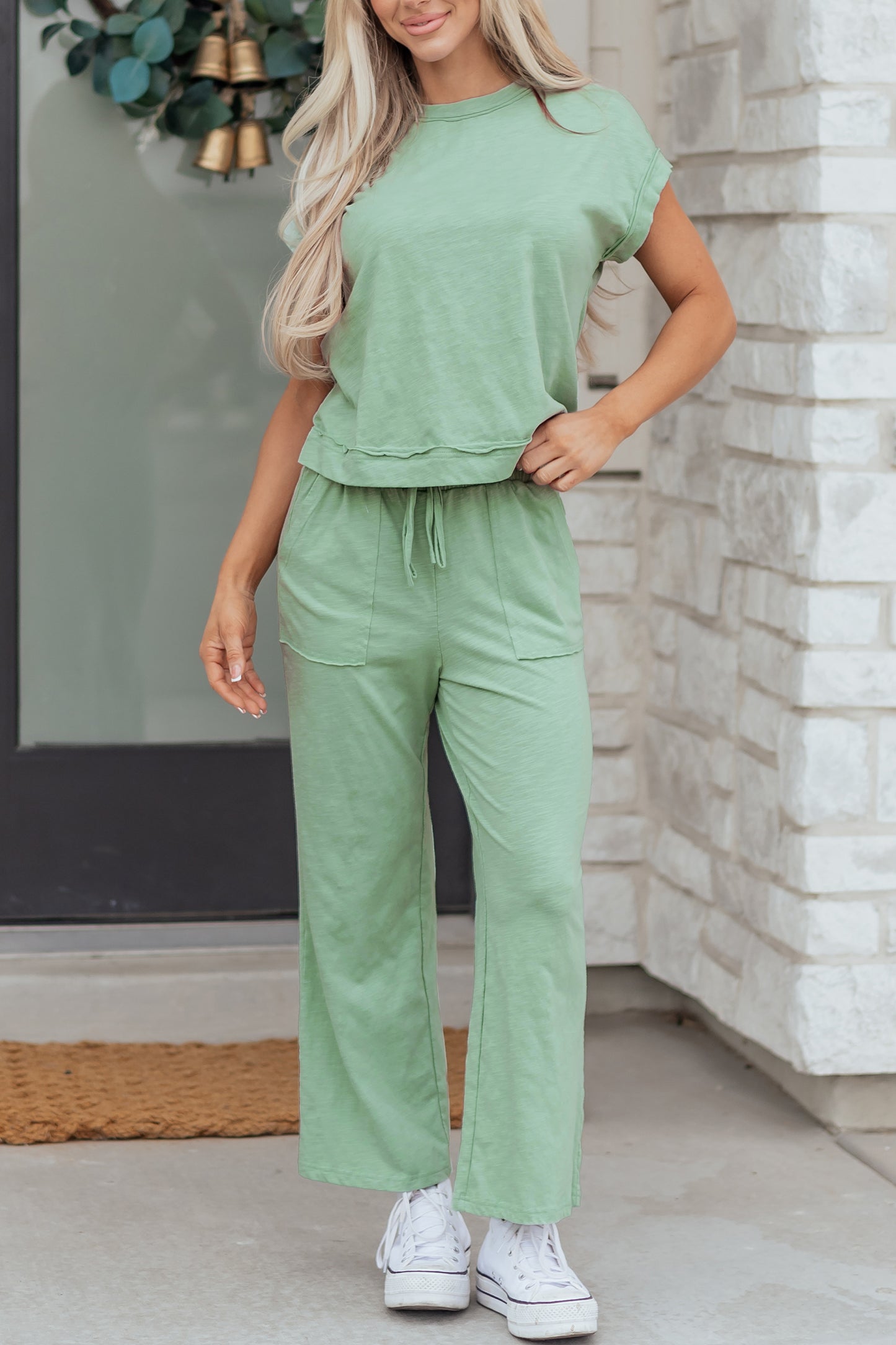 Canton Cuffed Short Sleeve Tee Raw Seam Patch Pocket Drawstring Pants Set-Two Piece Sets/Pant Sets-[Adult]-[Female]-2022 Online Blue Zone Planet