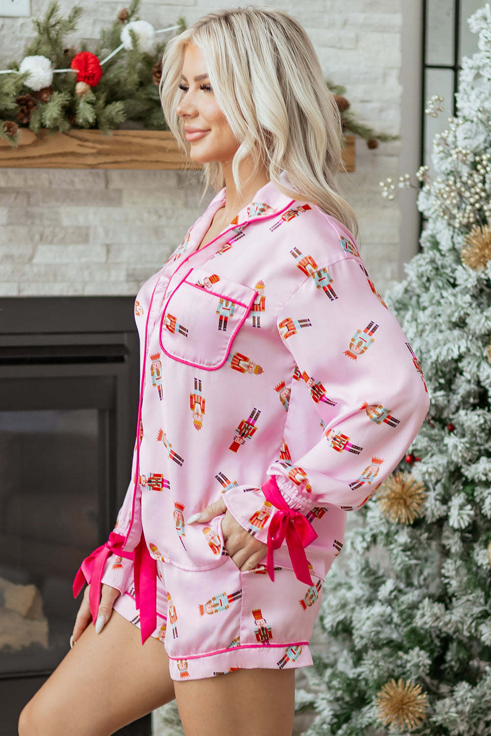 Pink Nutcracker Print Contrast Trim Tied up Bow Silky 2pcs Pajama Set-Loungewear & Sleepwear/Sleepwear-[Adult]-[Female]-2022 Online Blue Zone Planet