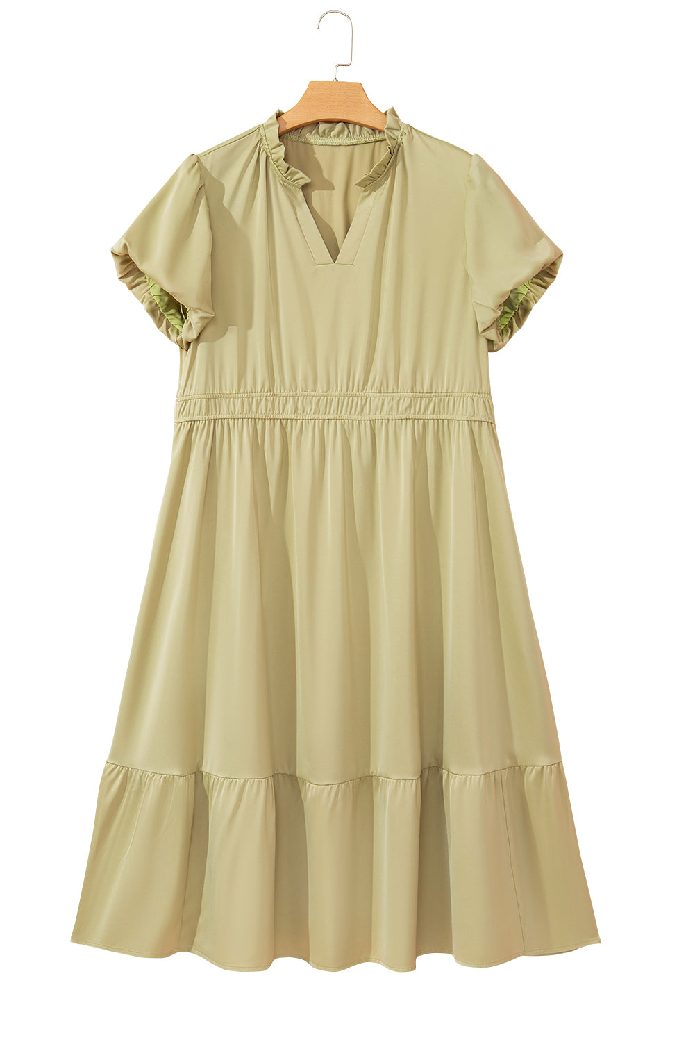 Laurel Green Notched V Neck Puff Sleeve Tiered Plus Size Maxi Dress-TOPS / DRESSES-[Adult]-[Female]-2022 Online Blue Zone Planet